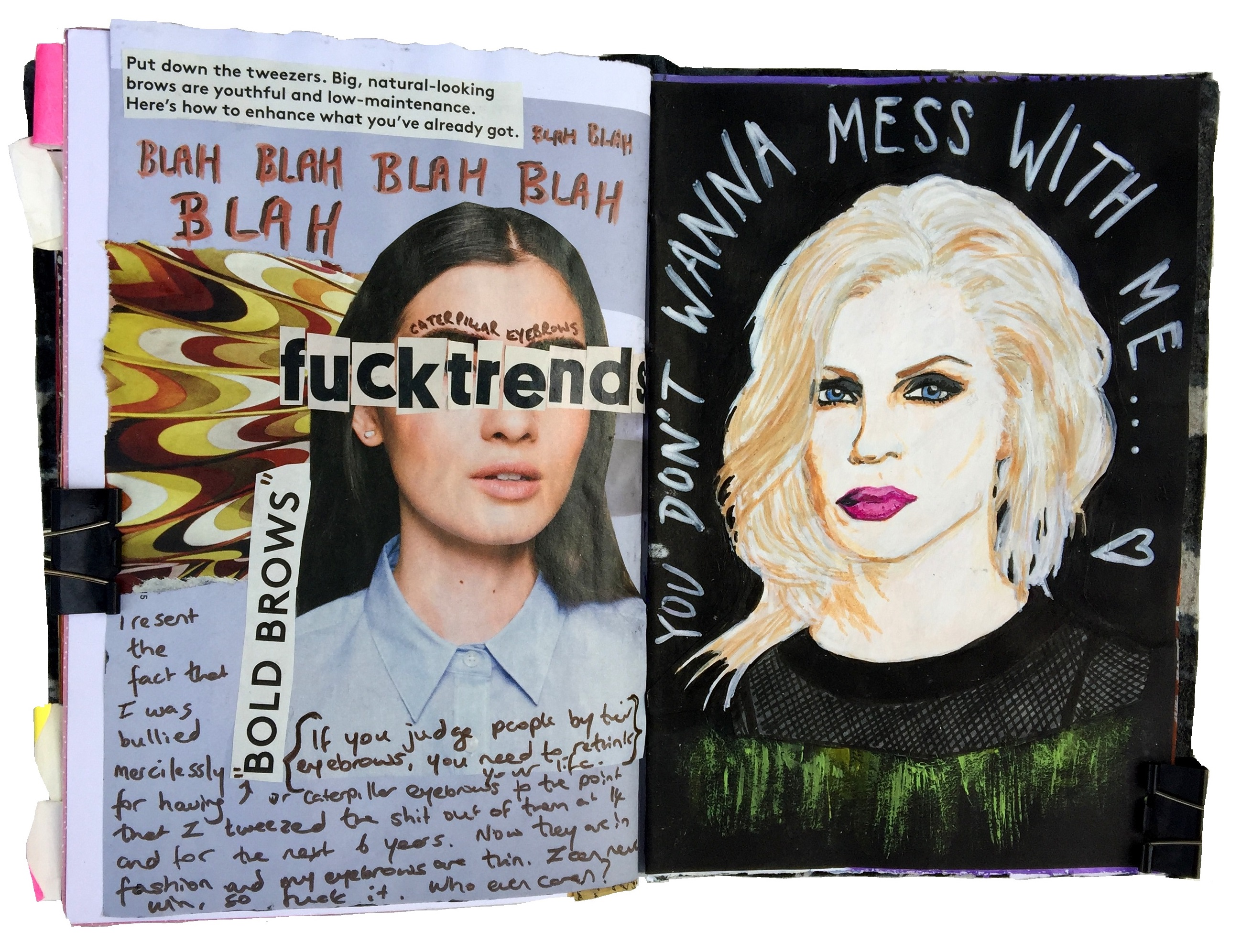A mixed media art journal collage about hating trends and feeling bitter about my eyebrows and an illustration of Brody Dalle with lyrics from her solo album.