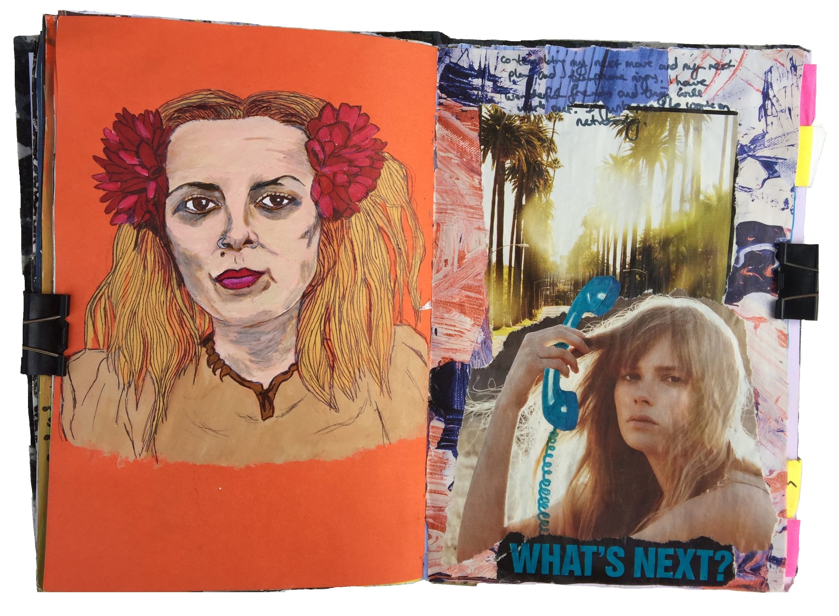 A mixed media art journal illustration of vocalist and cellist Melora Creager of the band Rasputina and a collage of a woman holding a phone with the words what's next? underneath.