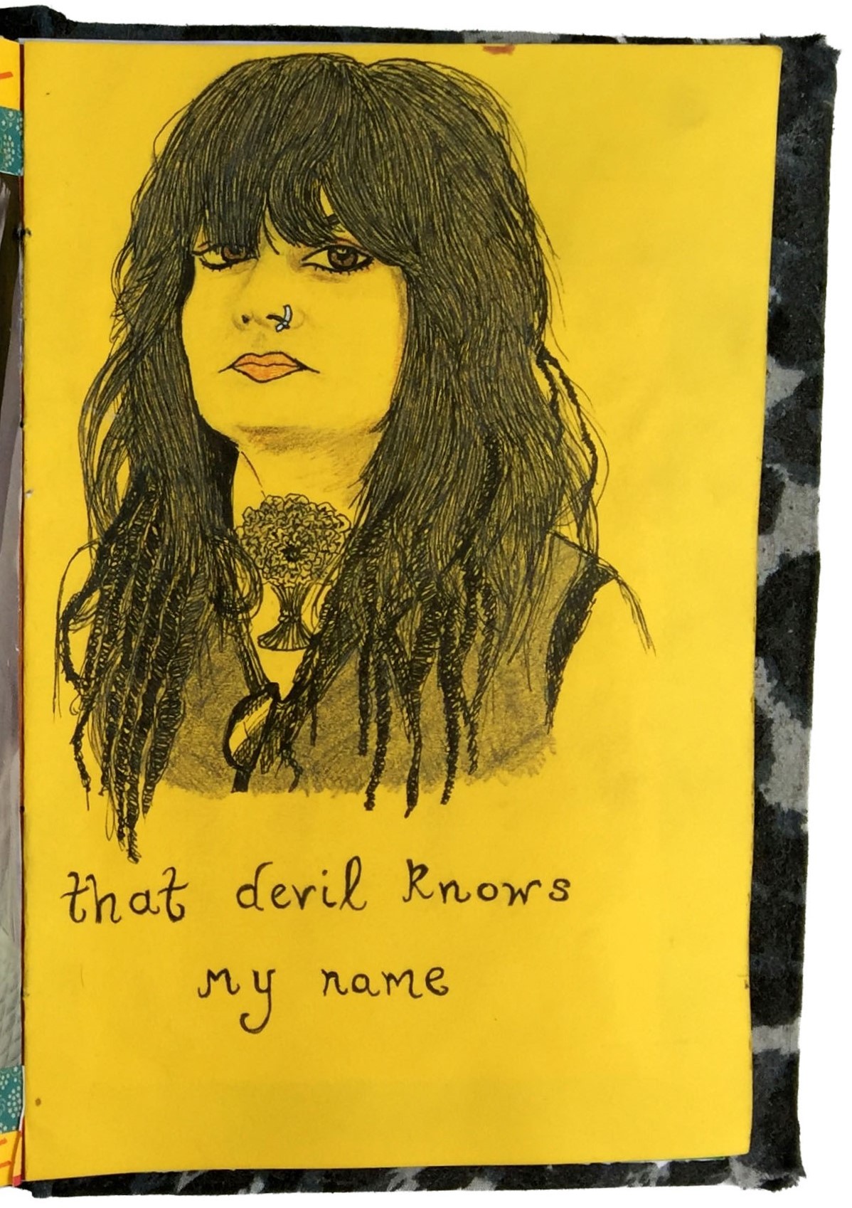 An art journal illustration of musician Mlny Parsonz with lyrics by her band Royal Thunder.