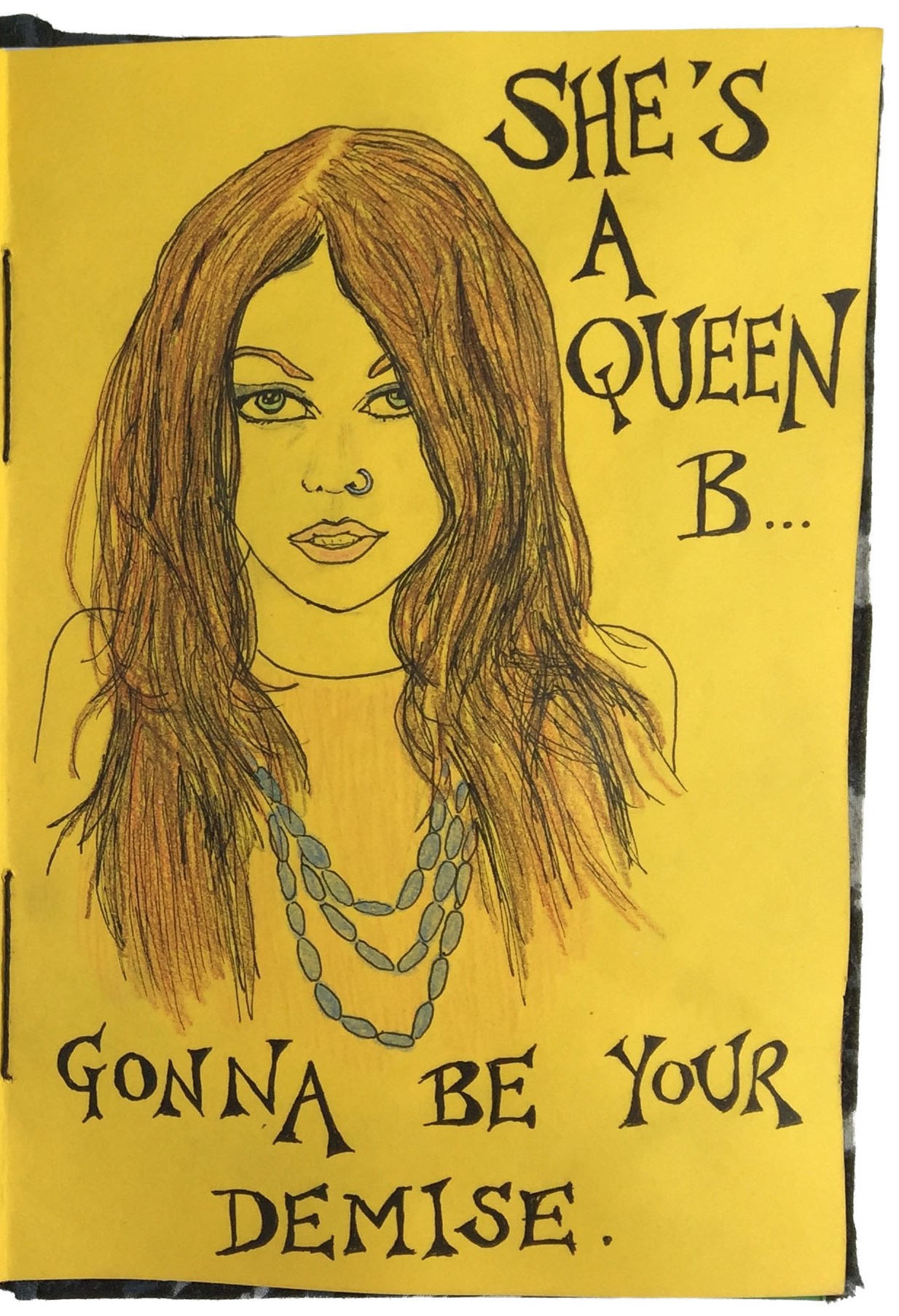 An art journal illustration of musician Gazelle Amber Valentine with lyrics by her band Jucifer.