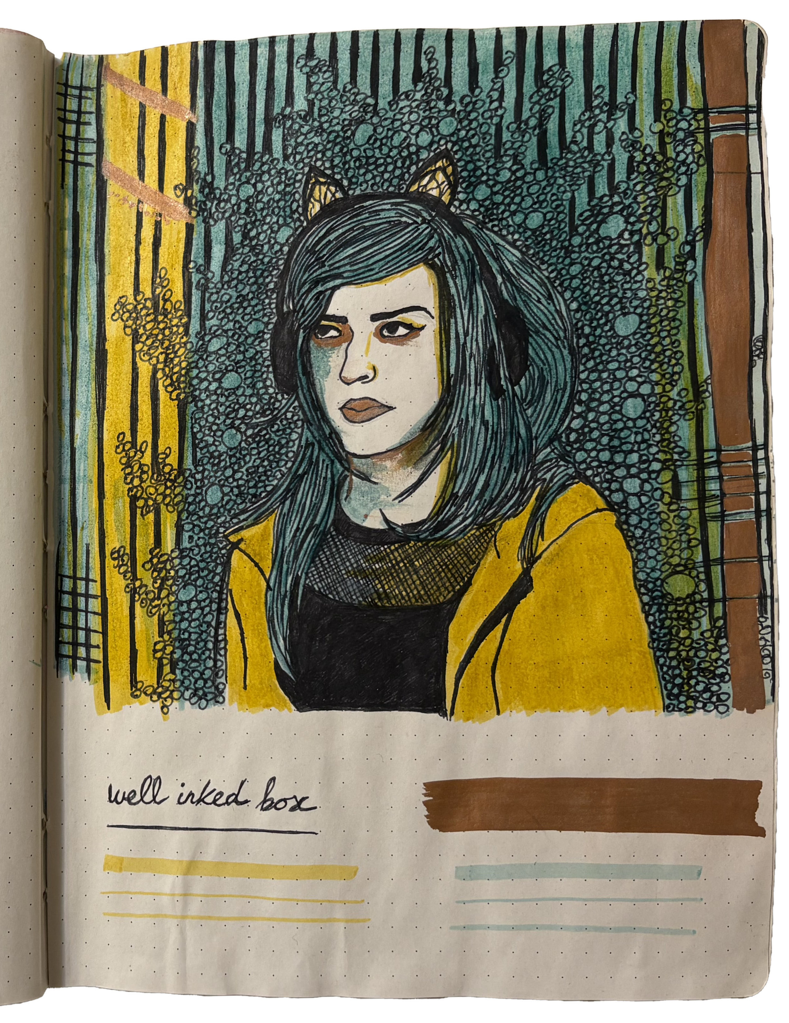 A mixed media art journal illustration of a blue-haired woman wearing headphones created when I was an ambassador for Well Inked Box and reviewing the supplies in their subscription box. Reference was lehbellini7 via the Museum by Sktchy app.