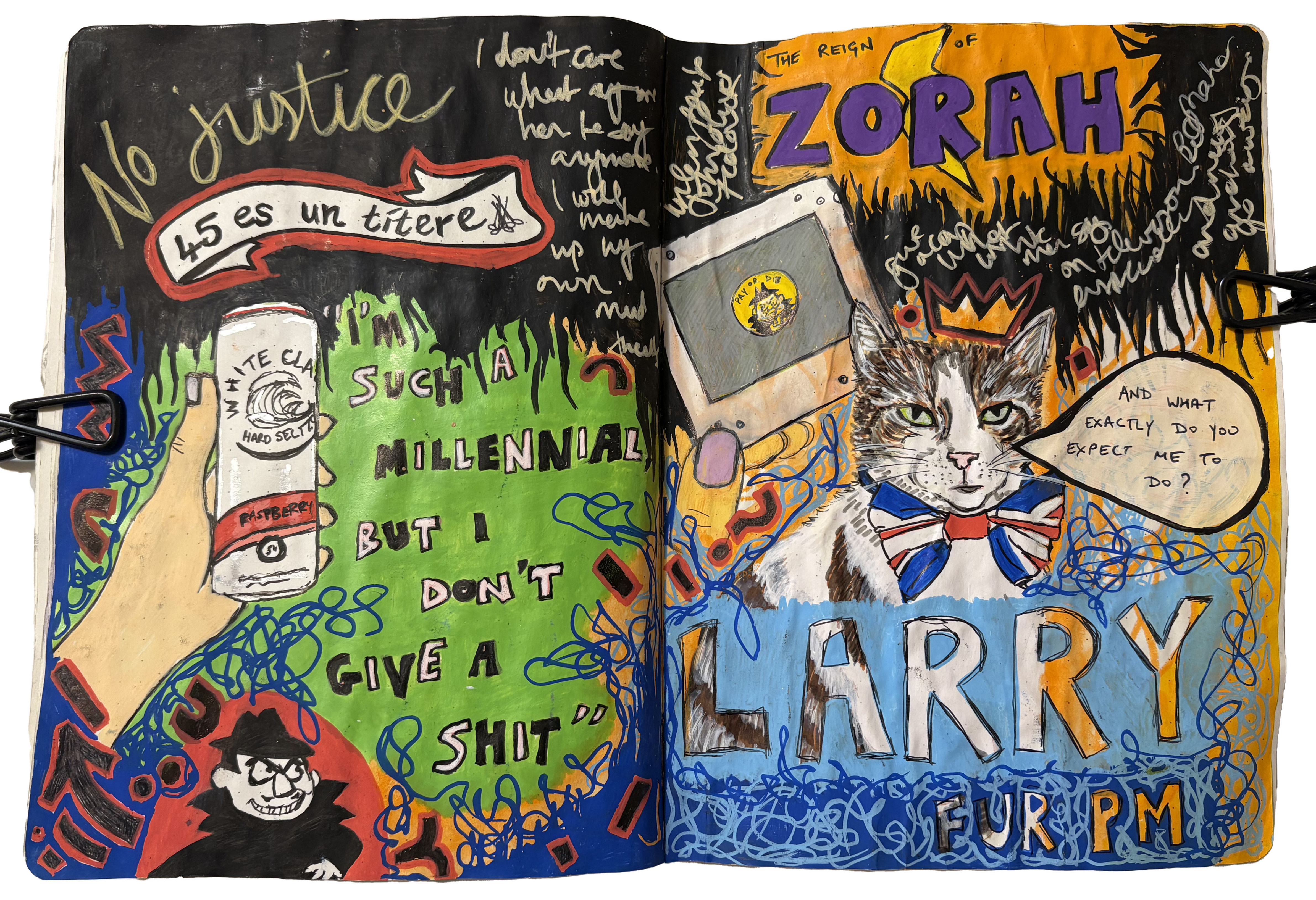 An art journal illustration of a random things such as Larry the Cat, Boris Badenov, White Claw, with political and inside jokes.