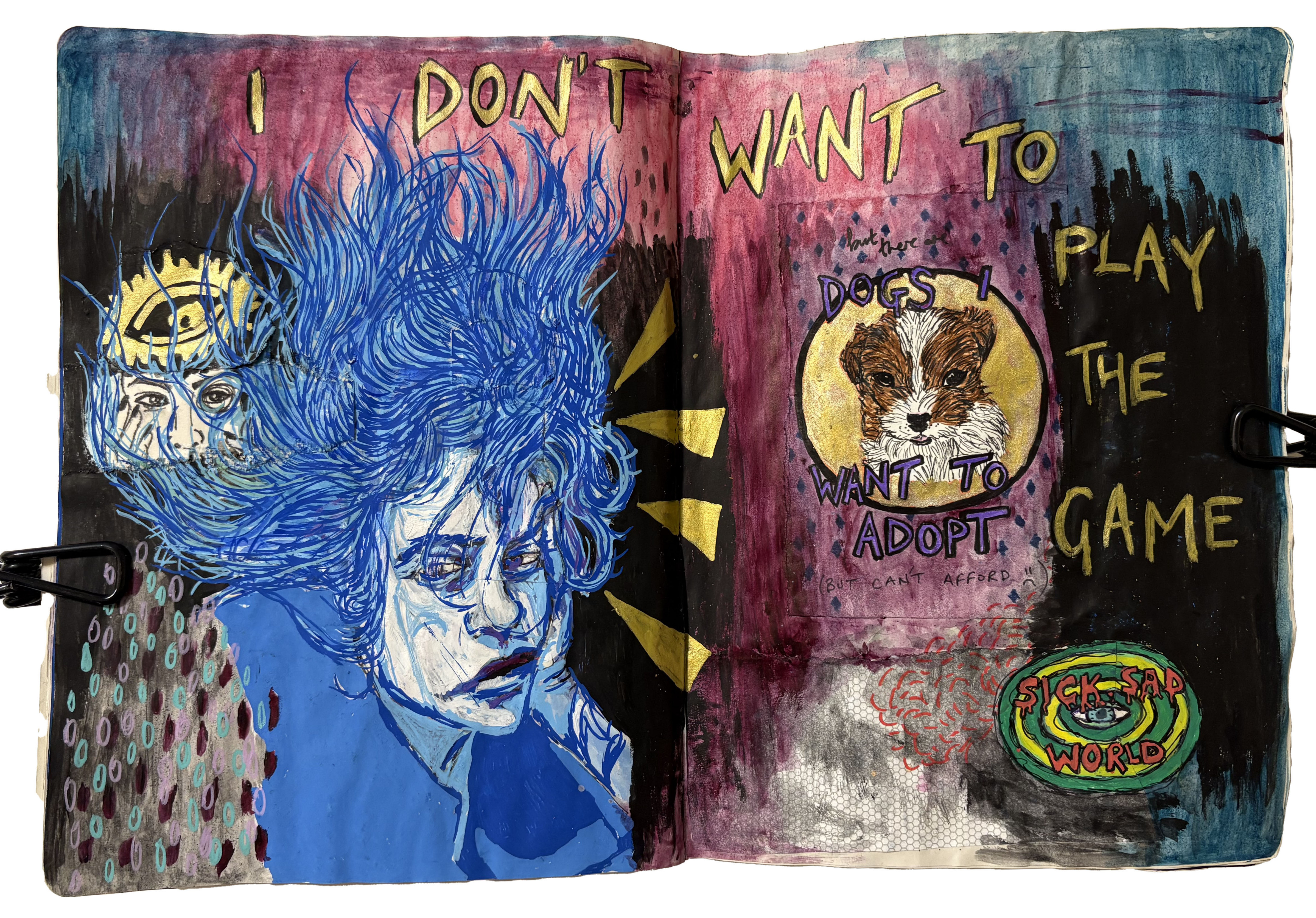 A mixed media art journal illustration of a sad woman in blue with doodles and the words I don’t want to play the game next to her (it also features the front page of a zine I created for a zinefest).