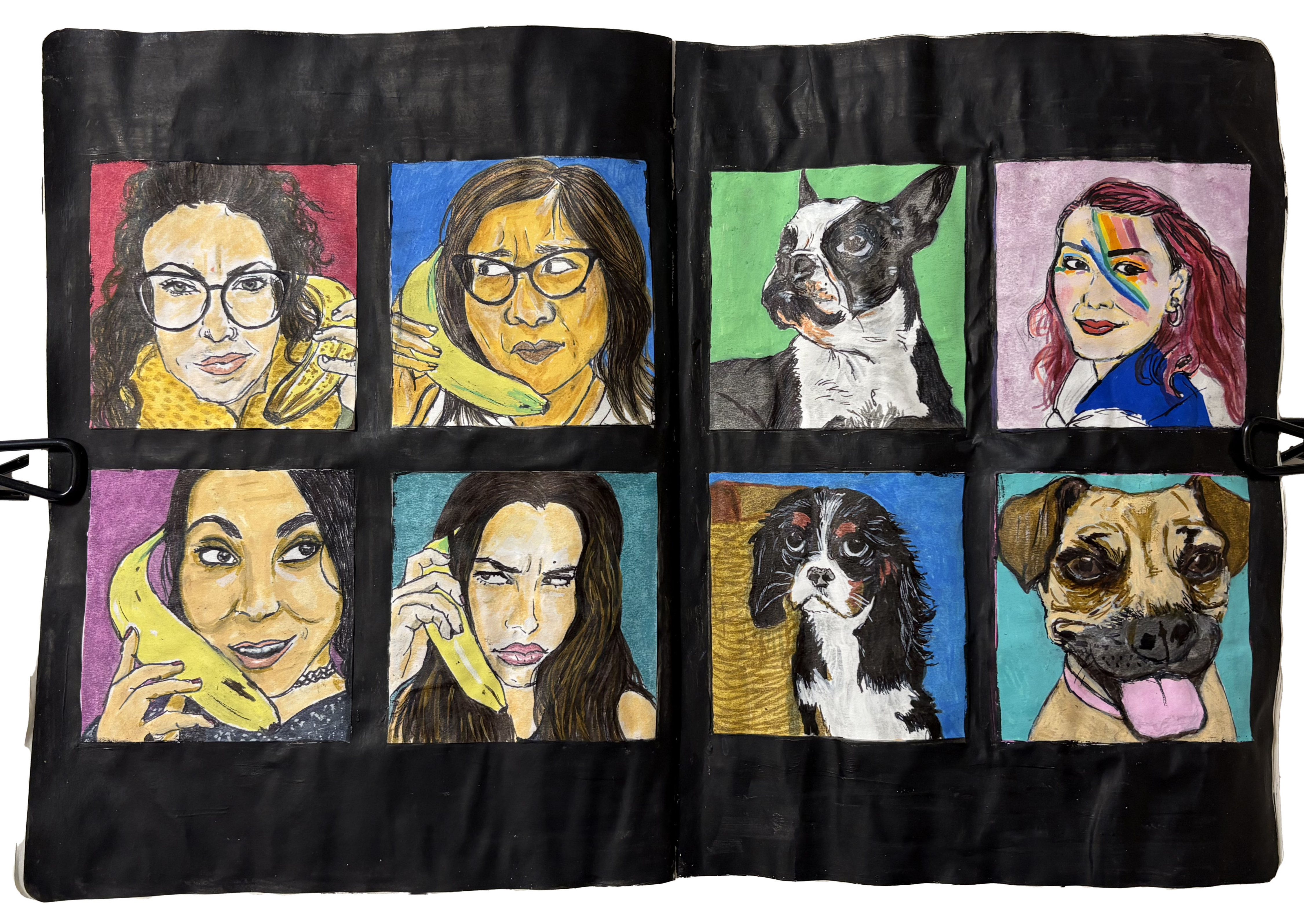 A mixed media art journal page with illustrations on post-it notes of women talking on banana phones, dog portraits, and a woman with a rainbow painted on her face (all references from Sktchy app).