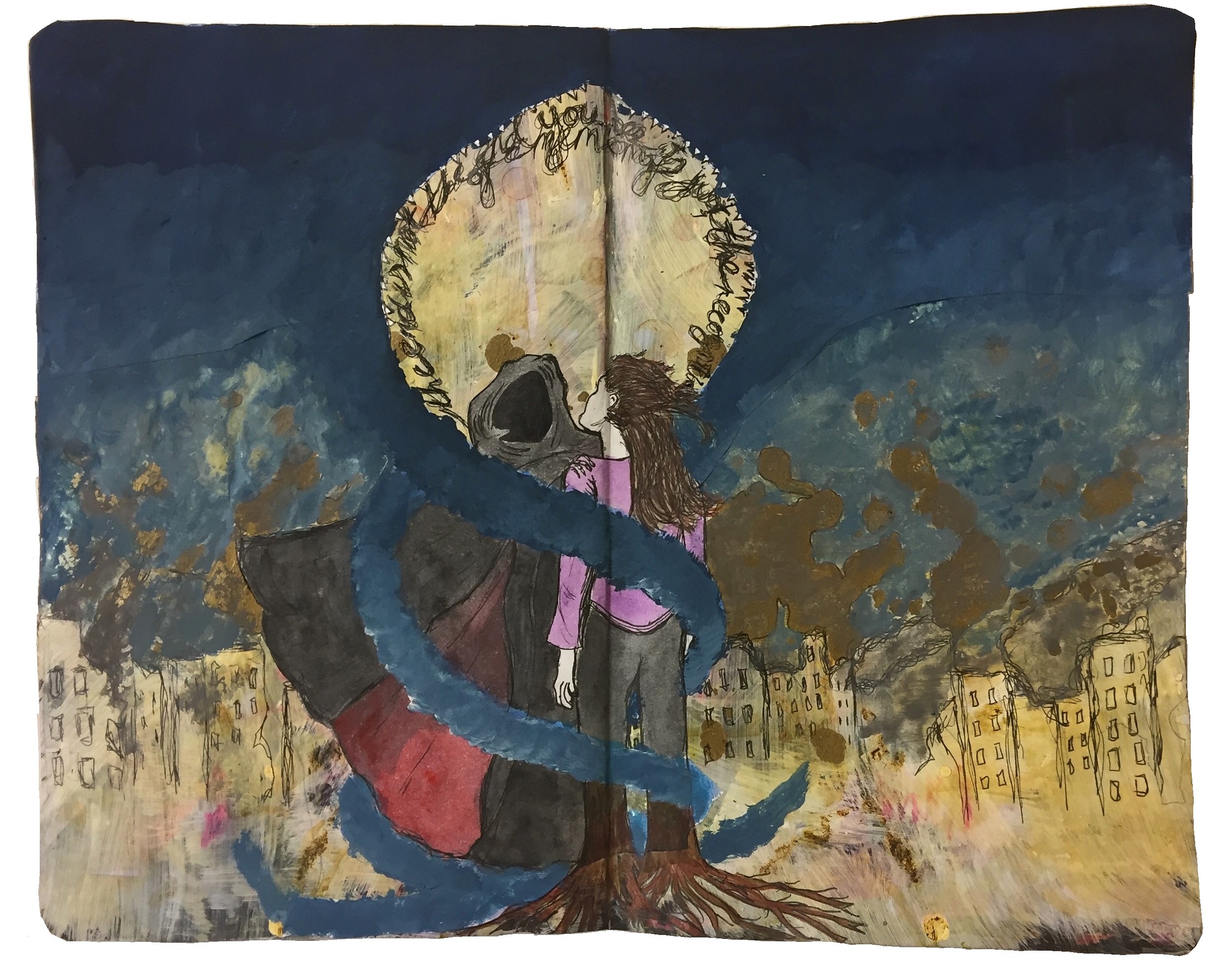 Days 116 and 117/365 of Year of Creative Habits. Beatriz created the background and I drew/painted over it. The blue sky, death, woman, roots, and buildings are all my contributions. The page was inspired by the song Roots Remain by Mastodon.