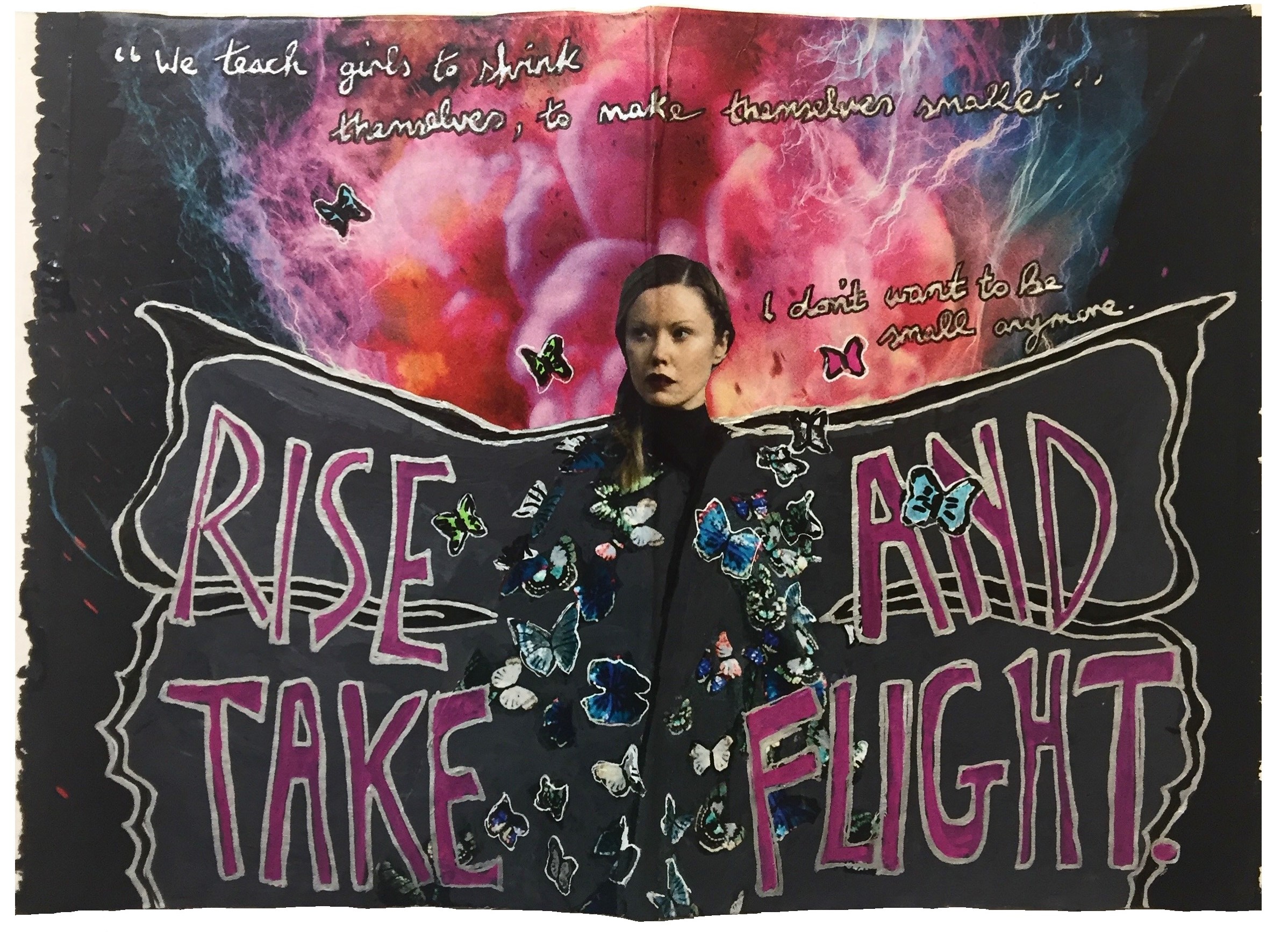 A mixed media collage of a woman with butterfly wings and butterflies escaping from her and a neon storm in the background with the words rise and take flight and a quote by Chimamanda Ngozi Adichie.
