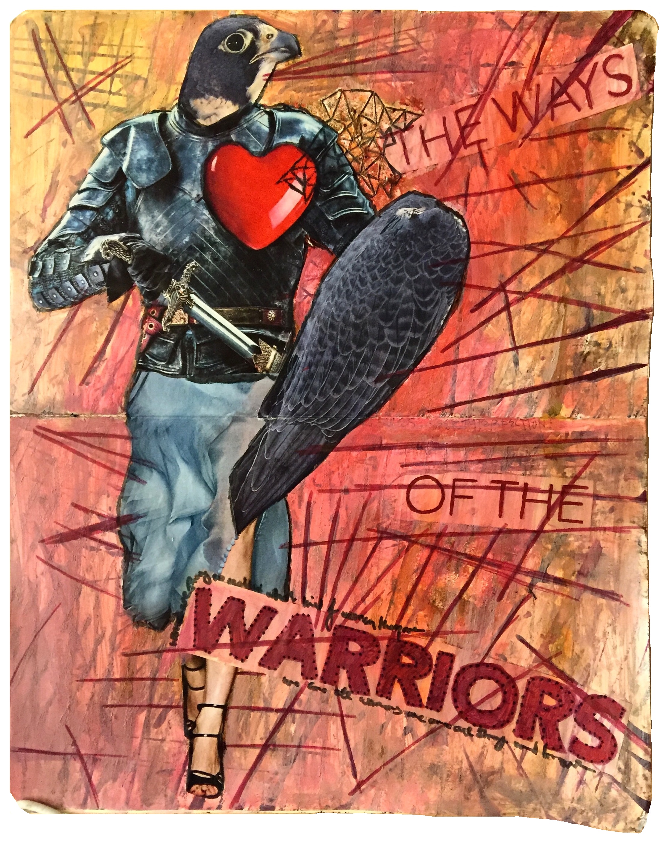 Beatriz created the background and I collaged/painted over it. The bird/body, words, and red lines are all my contributions.