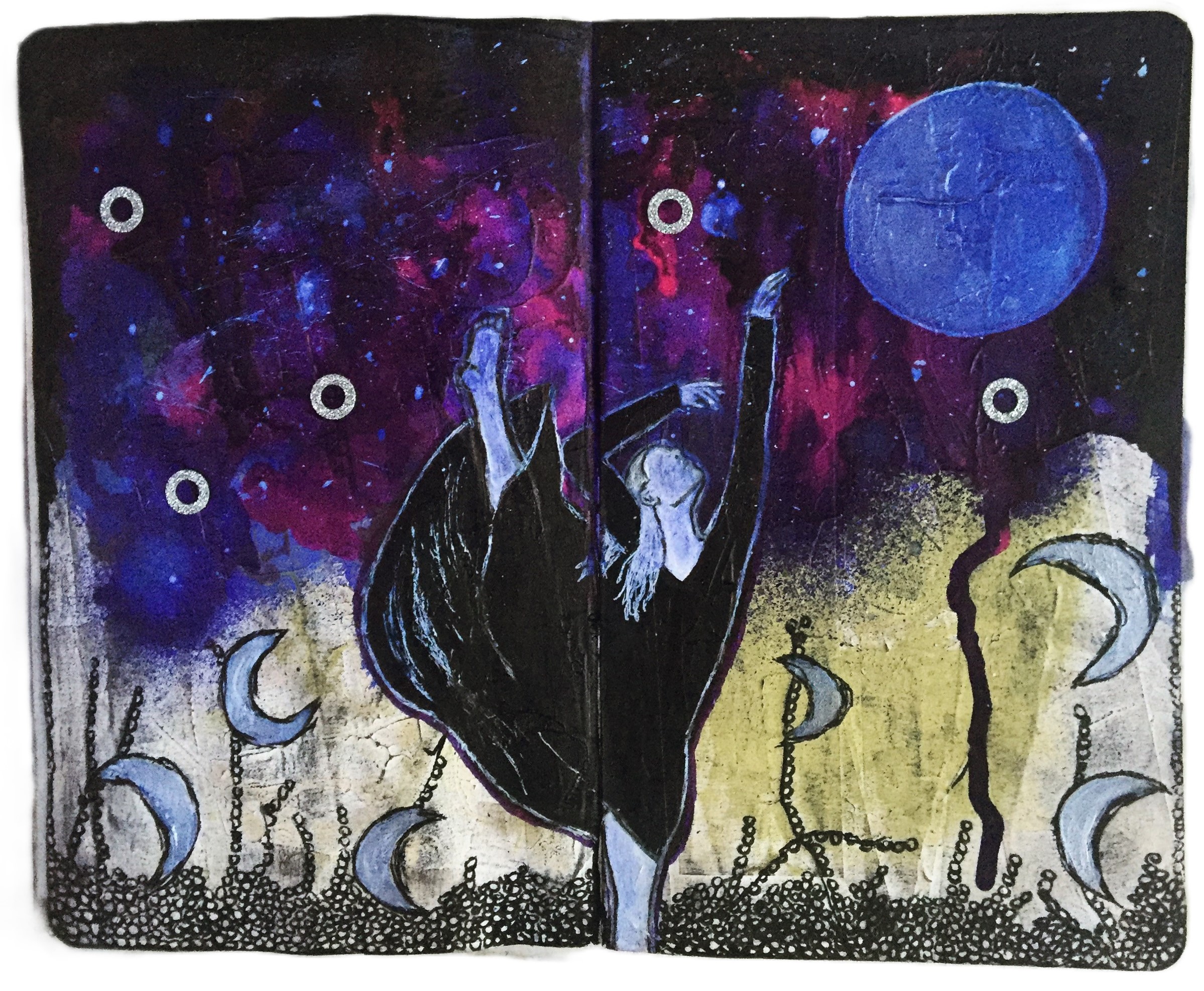 Beatriz created the background and I drew/painted over it. The purple galaxy-esque paint, dancing woman (reference was a beautiful photograph by mjranum), blue moon, crescent moons, and doodles at the bottom are all my contributions.