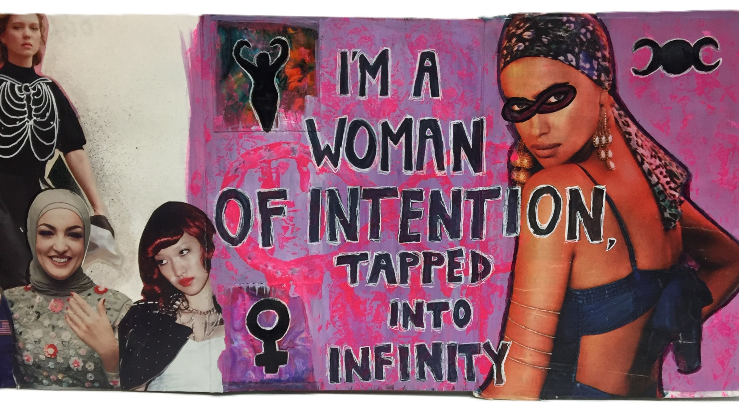 Days 192 and 252/365 of Year of Creative Habits. A mixed media collage about women with lyrics from Woman of Intention by the band Deap Vally with a drawing by Vanessa on the right.