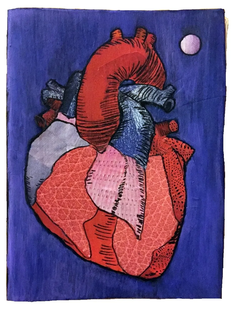 The front cover of a custom art journal I made with a collage of an anatomical heart under a moon; the cover was created with ink, collage material, and acrylic paint.