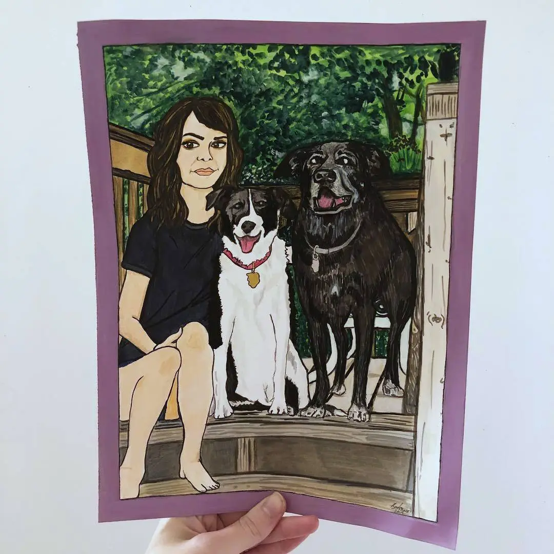 A commission I got through Instagram. An illustration of a woman and her dogs on a deck. Acrylic, gouache, and ink on paper.
