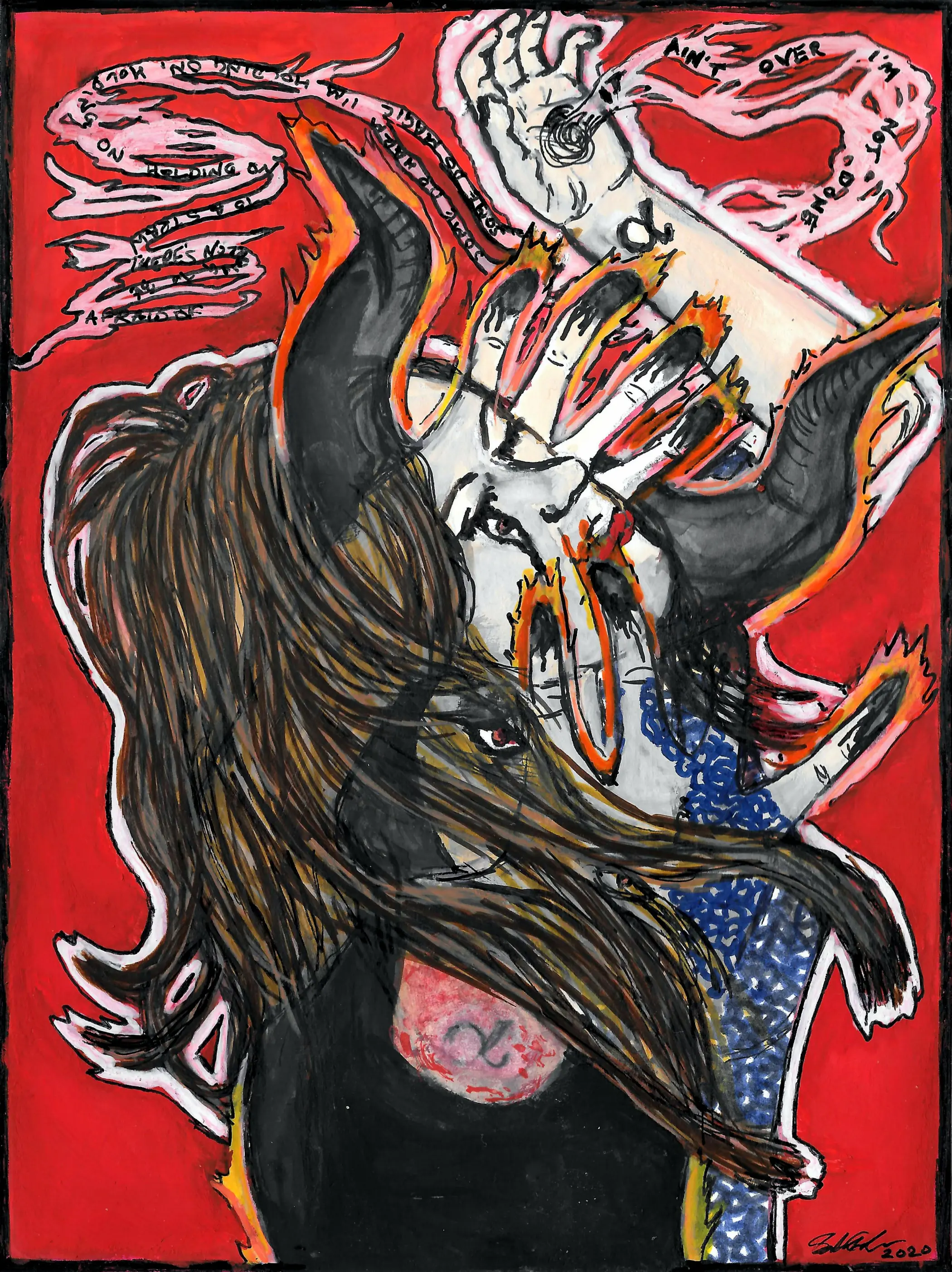 A mixed media art journal style piece for nichtgraveyet on DeviantArt. They asked for the song I’m Not Done by Fever Ray to be the inspiration for the piece; the words are from the song. I also used a few photographs from the Sktchy app as loose reference photographs for the poses. I created the piece with gouache, acrylic markers, and ink on Strathmore mixed media paper.