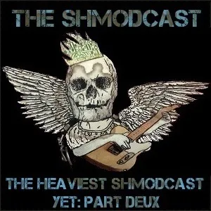 A collage art piece for a podcast (The Shmodcast) of a skeleton with wings playing a guitar; the piece was created with images in the public domain and altered digitally.