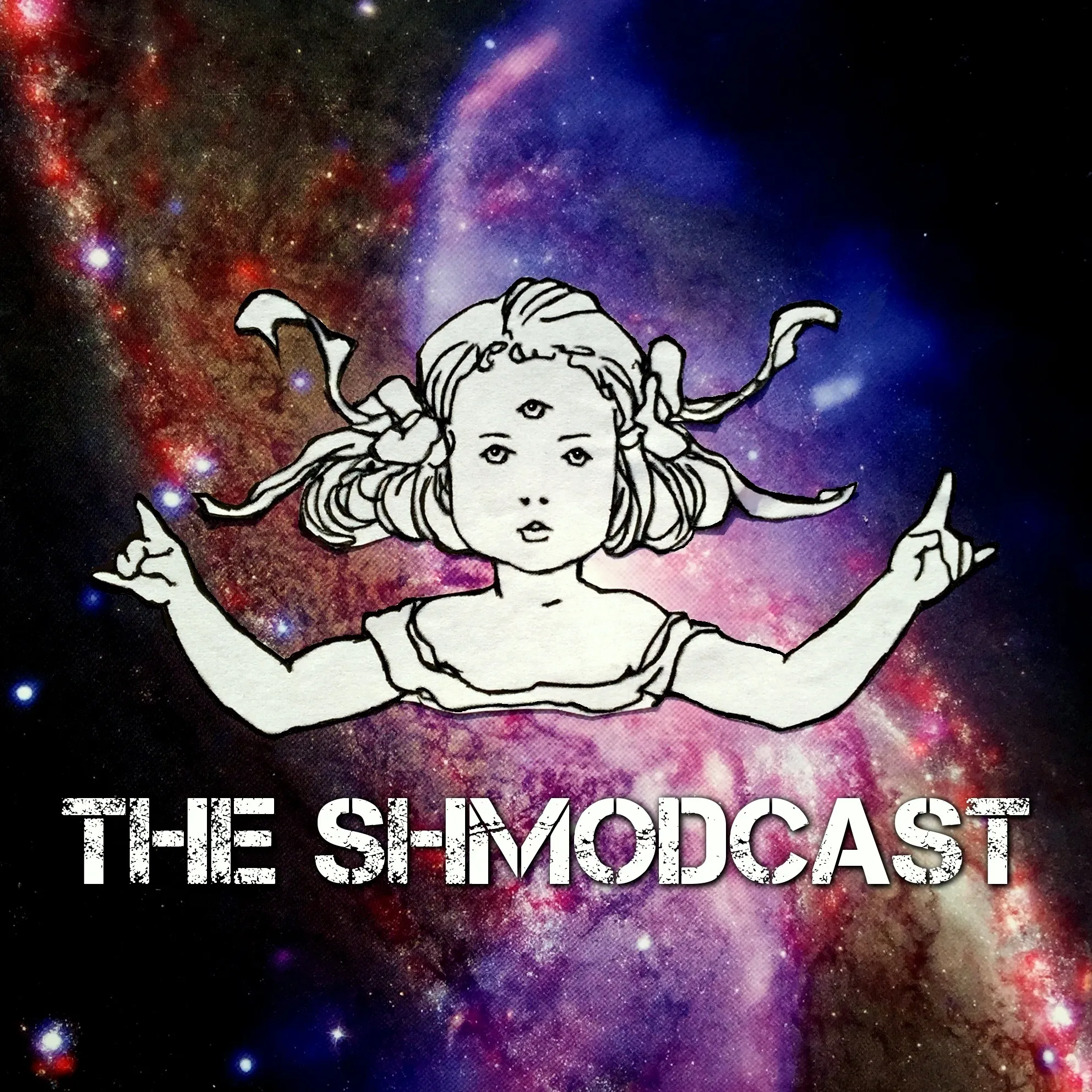 A collage art piece for a podcast (The Shmodcast) of a third eye galactic girl rocking out in space; the piece was created with images in the public domain and altered digitally.
