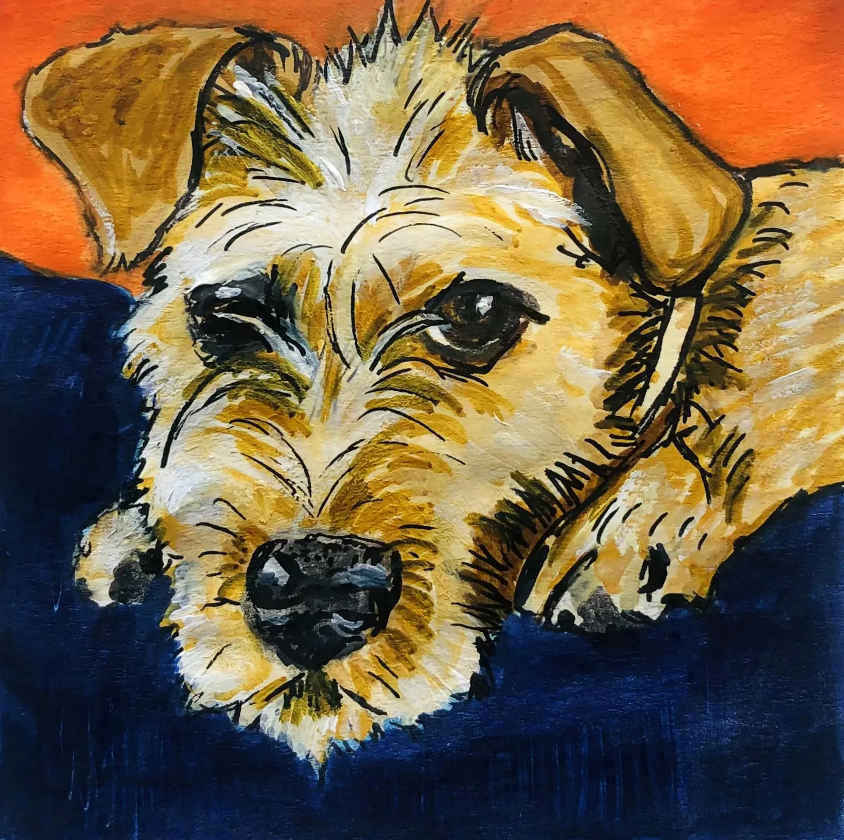 30-minute dog portrait created with gouache, acrylic paint, and ink on a post-it.