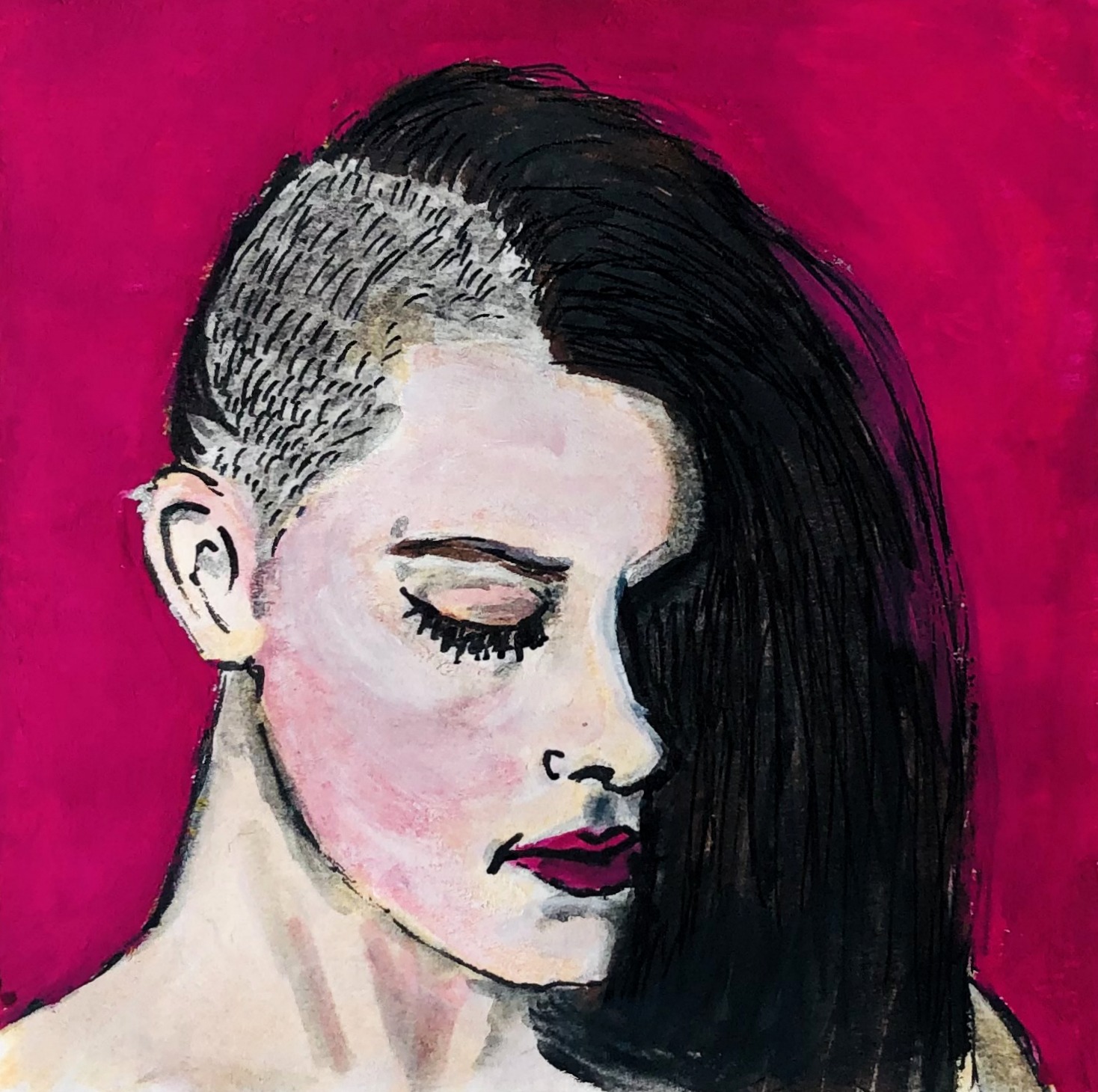 A 30-minute portrait created with acrylic paint, gouache, and ink on a post-it.