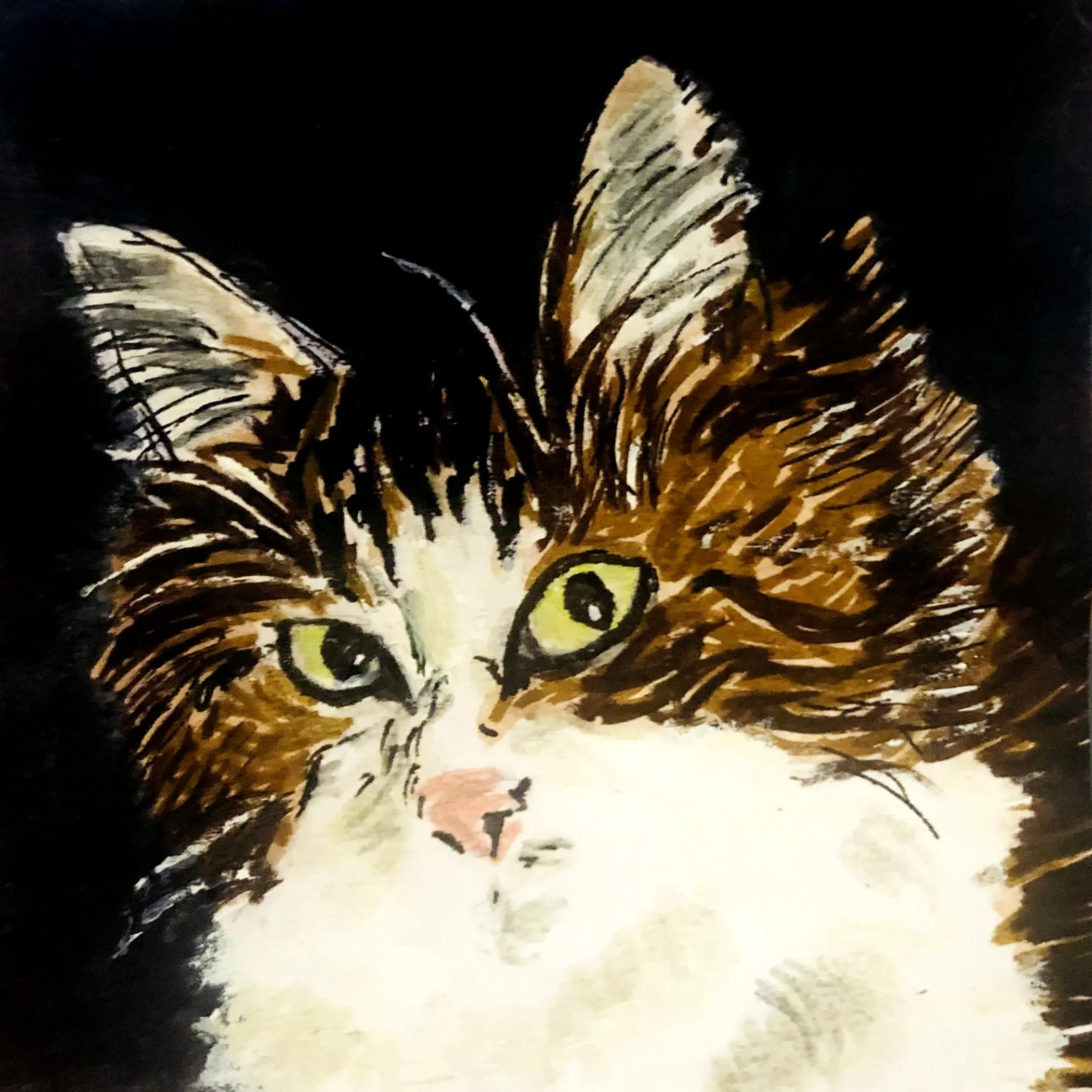 30-minute cat portrait created with acrylic paint, gouache, and ink on a post-it.