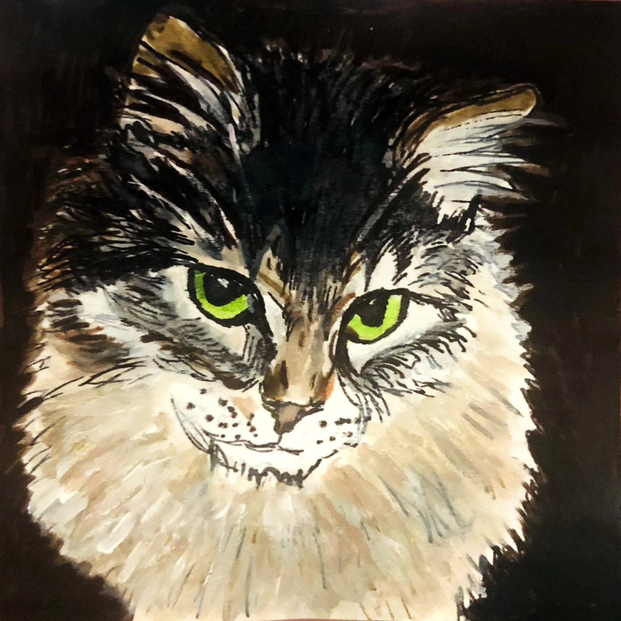 30-minute cat portrait created with acrylic paint, gouache, and ink on a post-it.