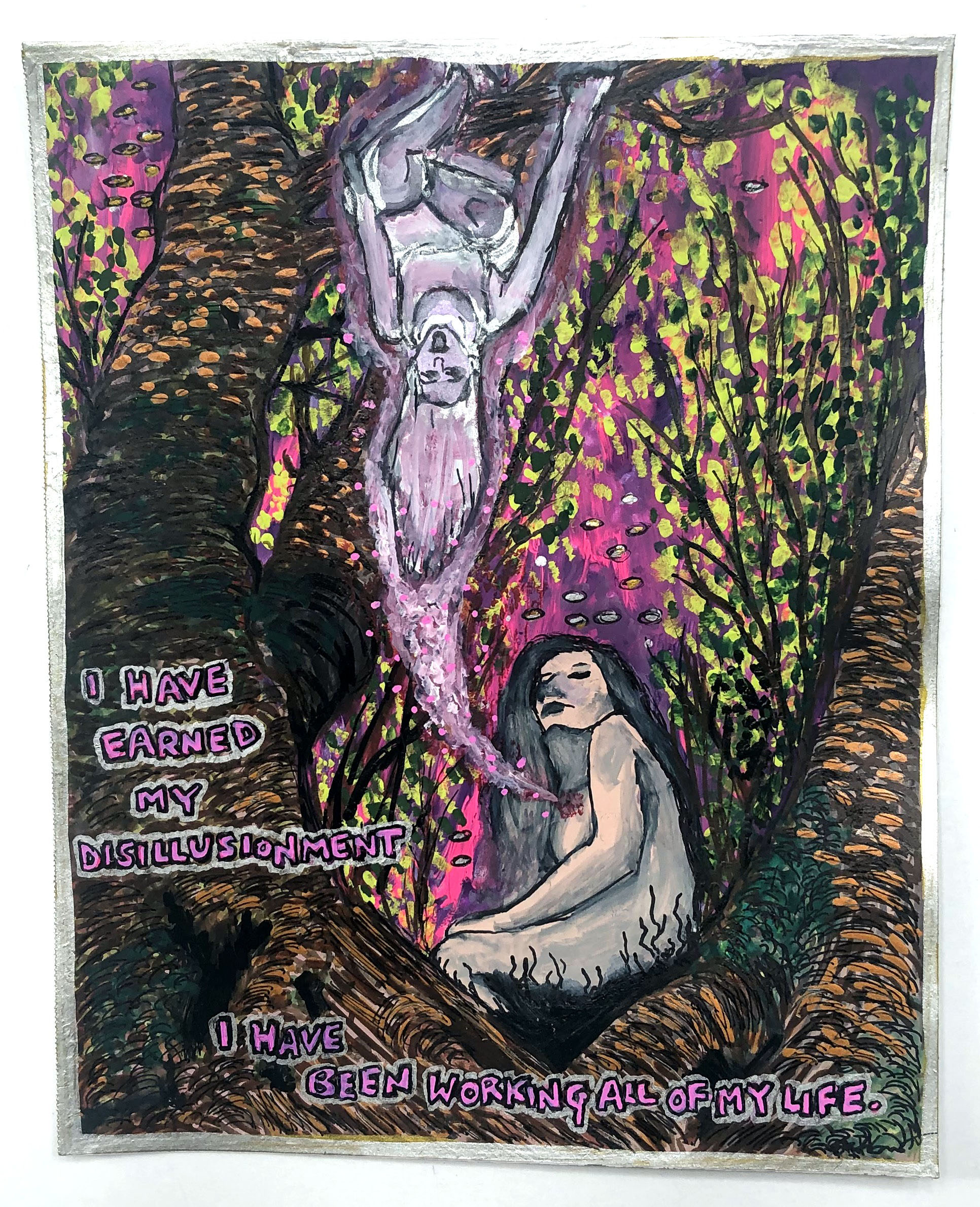 A mixed media art journal style piece for CatonaBlade! CatonaBlade asked me to use the song Not a Pretty Girl by Ani DiFranco as inspiration for the piece; the words are from the song. I created the piece with gouache, acrylic markers, and ink on Strathmore mixed media paper.