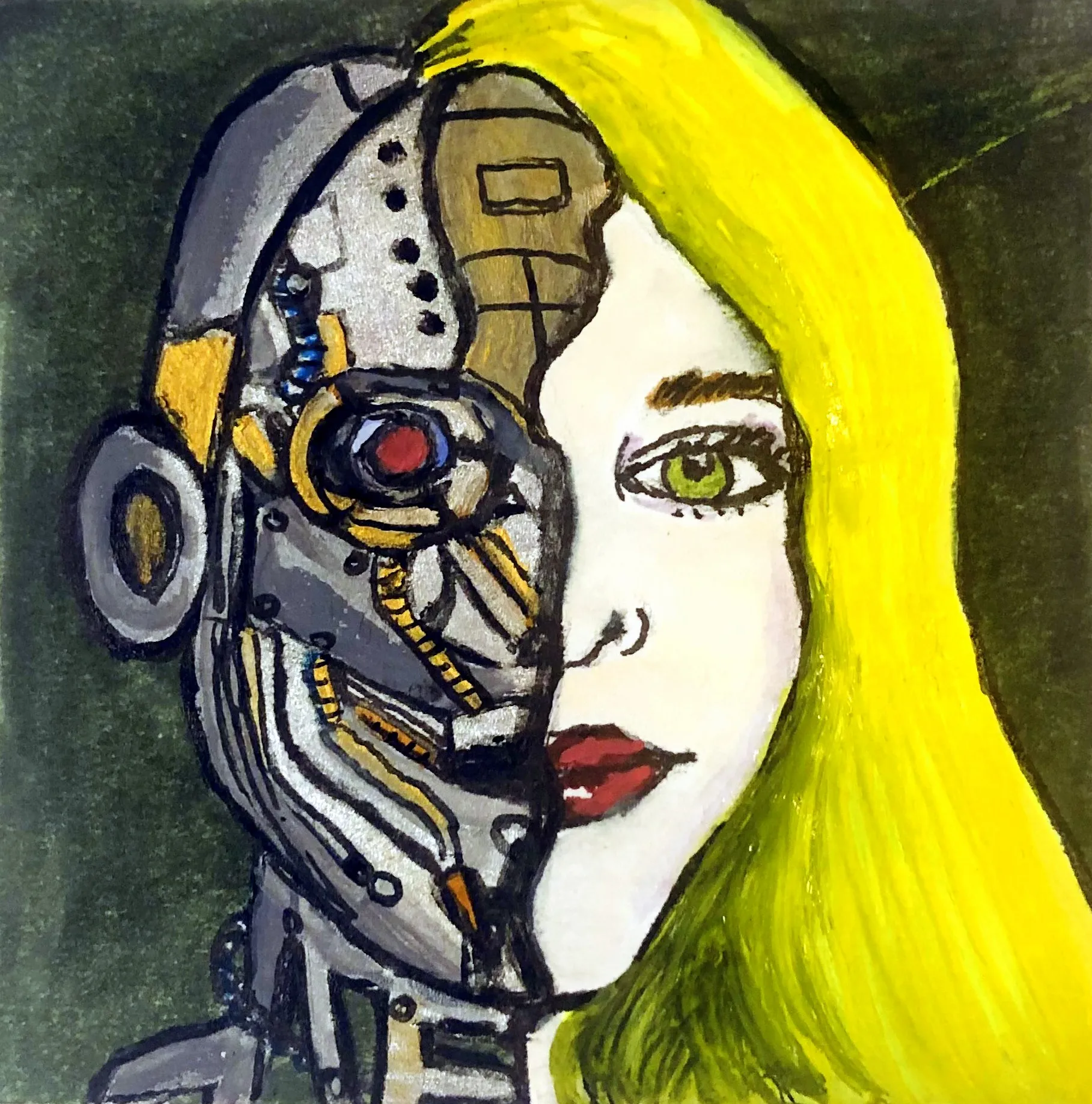 Portrait is of Llamarama2010 on DeviantArt as a sci-fi robot; portrait was created with gouache, acrylic markers, and ink on a post-it.