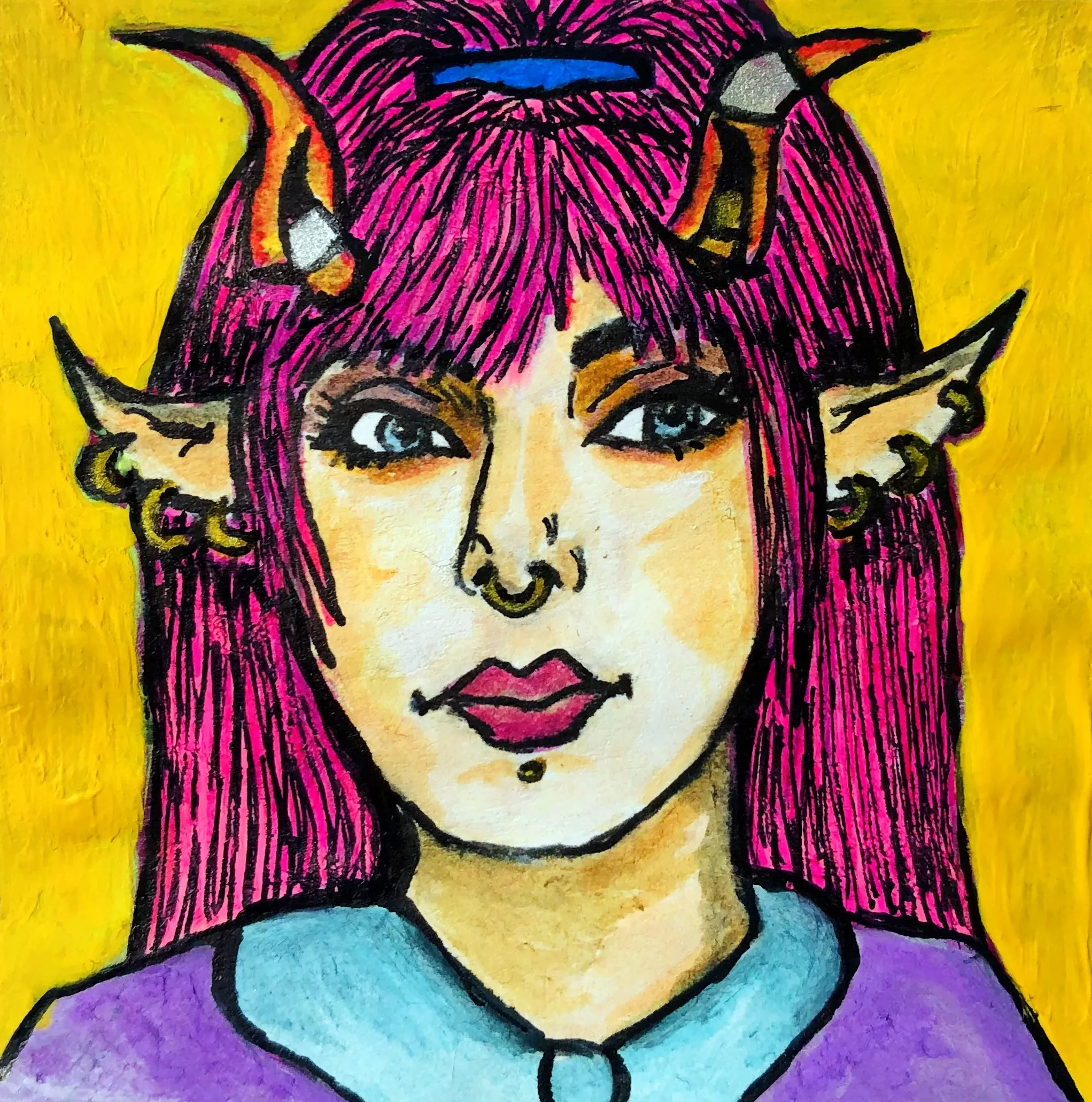 The portrait is of Llamarama2010’s OC, Haezel of Bernicia. The portrait was created with gouache, acrylic paint, and ink on a post-it.