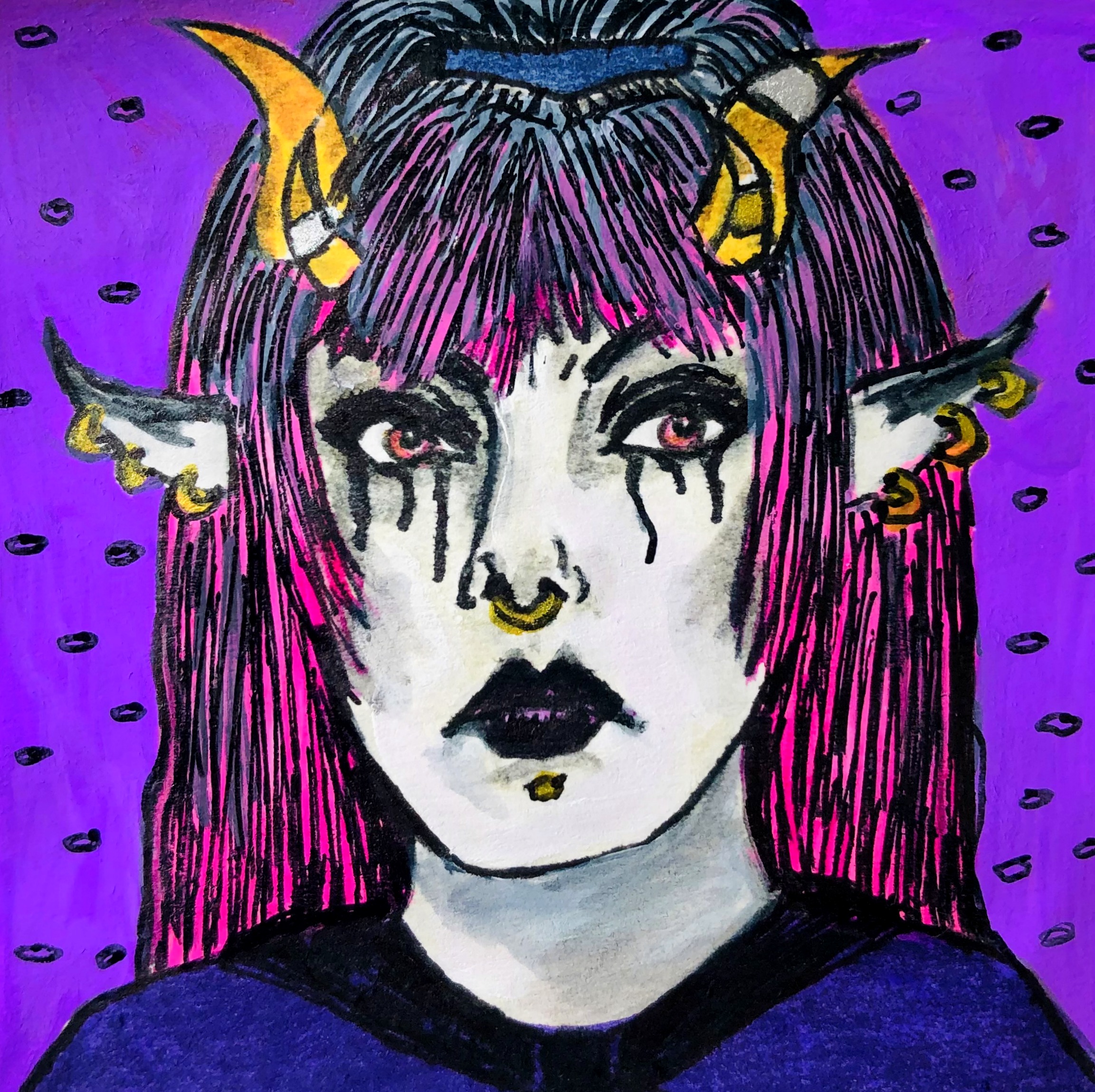 The portrait is of Llamarama2010’s OC, Haezel of Bernicia, after she has been corrupted by an evil sorcerer. The portrait was created with acrylic paint, acrylic markers, and ink on a post-it.