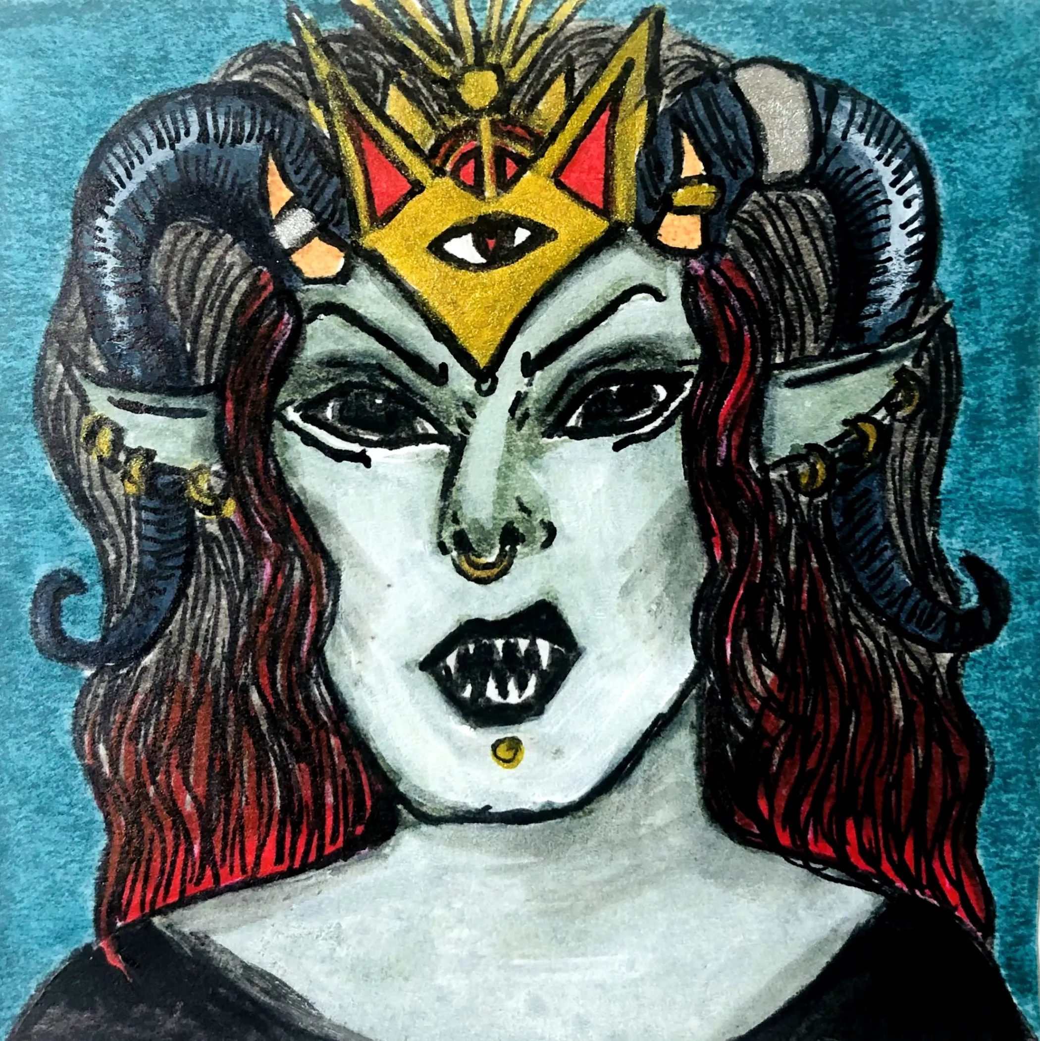 The portrait is of Llamarama2010’s OC, Haezel of Bernicia, after she has been cursed. I think this is my favorite of the series, it was so fun to draw! The portrait was created with acrylic paint, acrylic markers, and ink on a post-it.