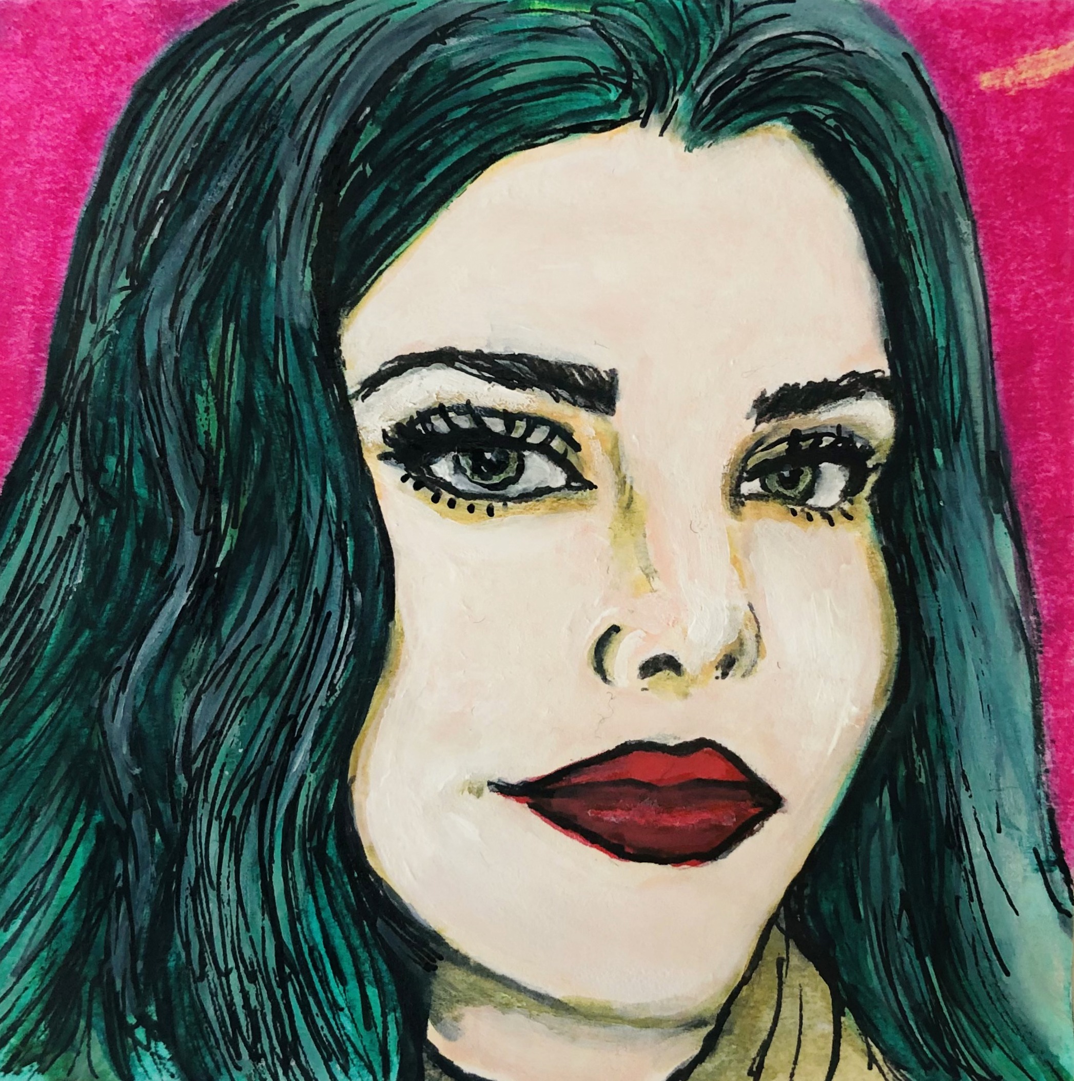 Portrait is of Llamarama2010 on DeviantArt; created with gouache, acrylic markers, and ink on a post-it.