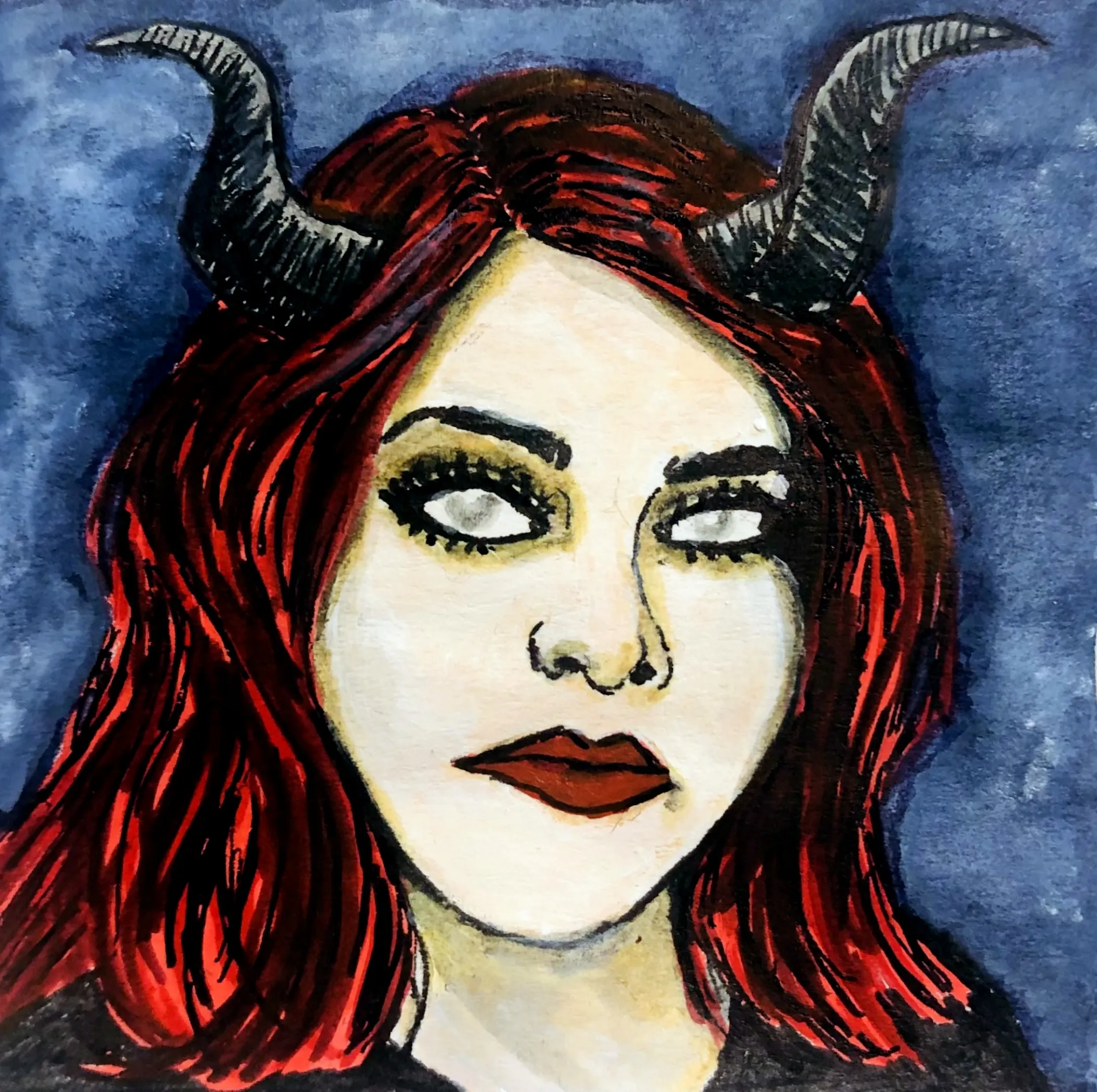 The portrait is a spooky version of Llamarama2010 on DeviantArt; created with acrylic paint and ink on a post-it.