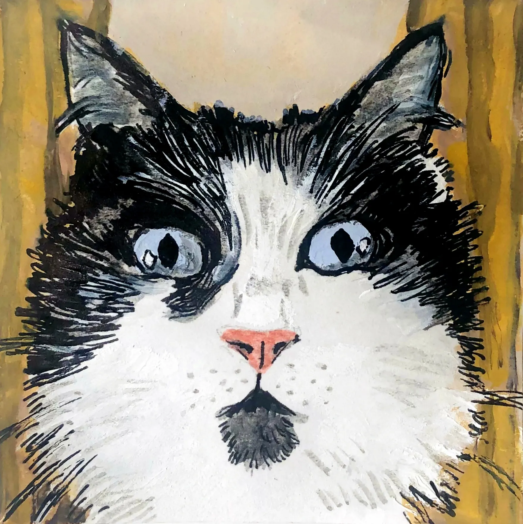30-minute cat portrait created with acrylic paint, gouache, and ink on a post-it.