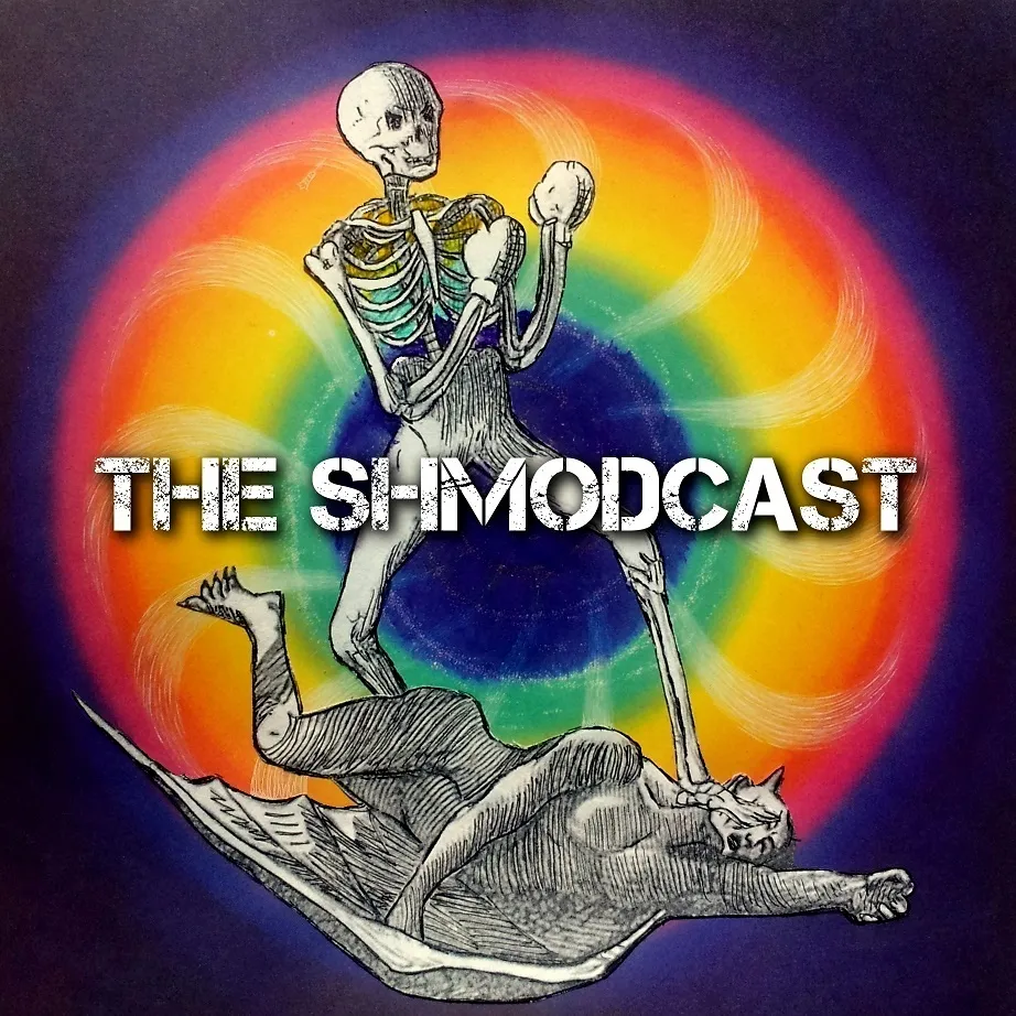 A collage art piece for a podcast (The Shmodcast) of a skeleton boxer standing on the face of a demon it knocked out; the piece was created with images in the public domain and altered digitally.