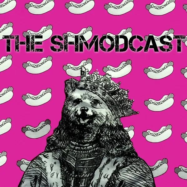 A collage art piece for a podcast (The Shmodcast) of a regal looking dog against a patterned background of pink hotdogs; the piece was created with images in the public domain and altered digitally.