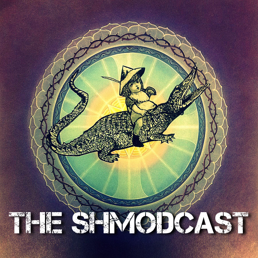 A collage art piece for a podcast (The Shmodcast) of a child with a sword riding an alligator; the piece was created with images in the public domain and altered digitally.