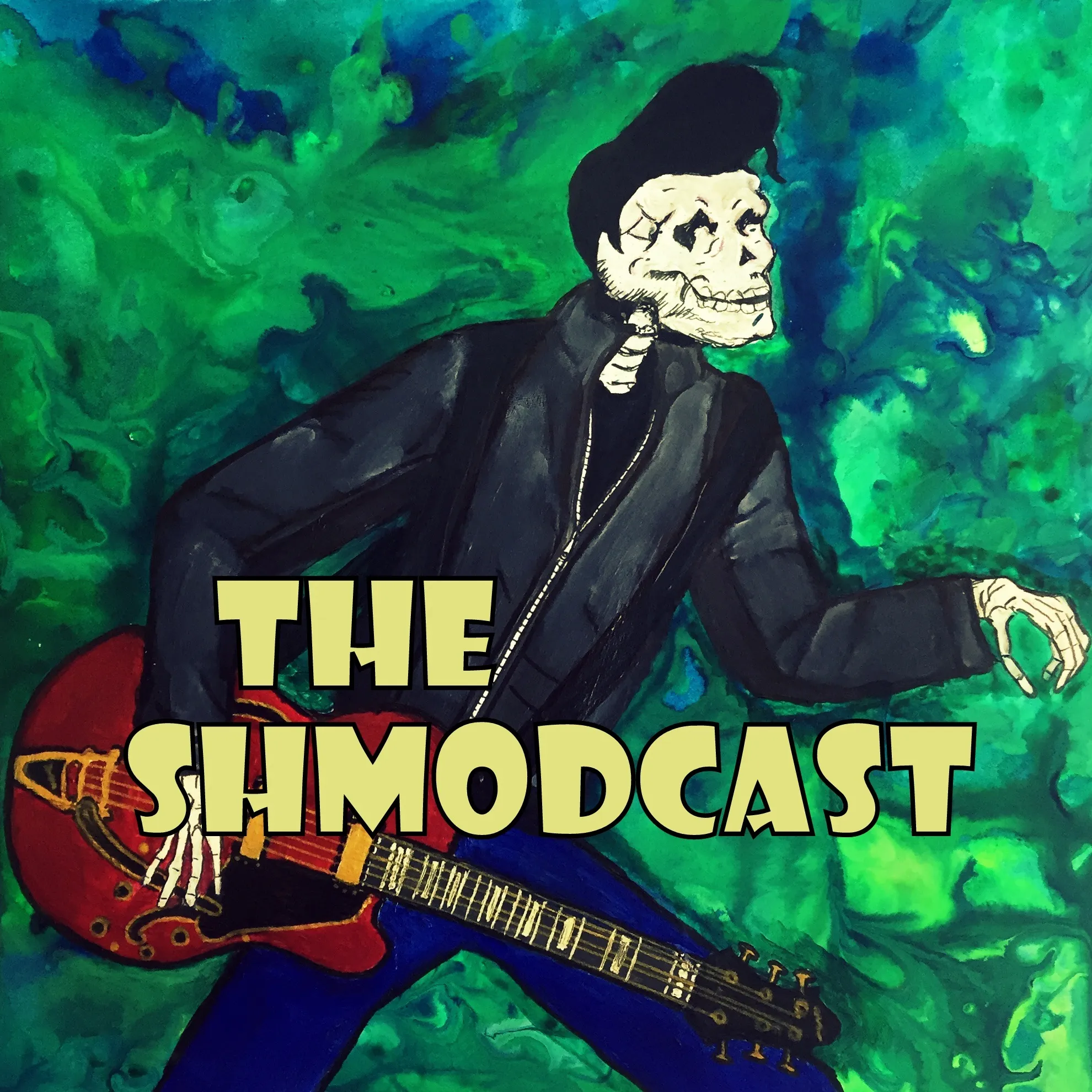 Days 184 and 185/365 of Year of Creative Habits. A mixed media art piece for a podcast (The Shmodcast) of a rockabilly skeleton with a hollow body guitar and a psychedelic green and blue background; the piece was created with ink and acrylic paint.