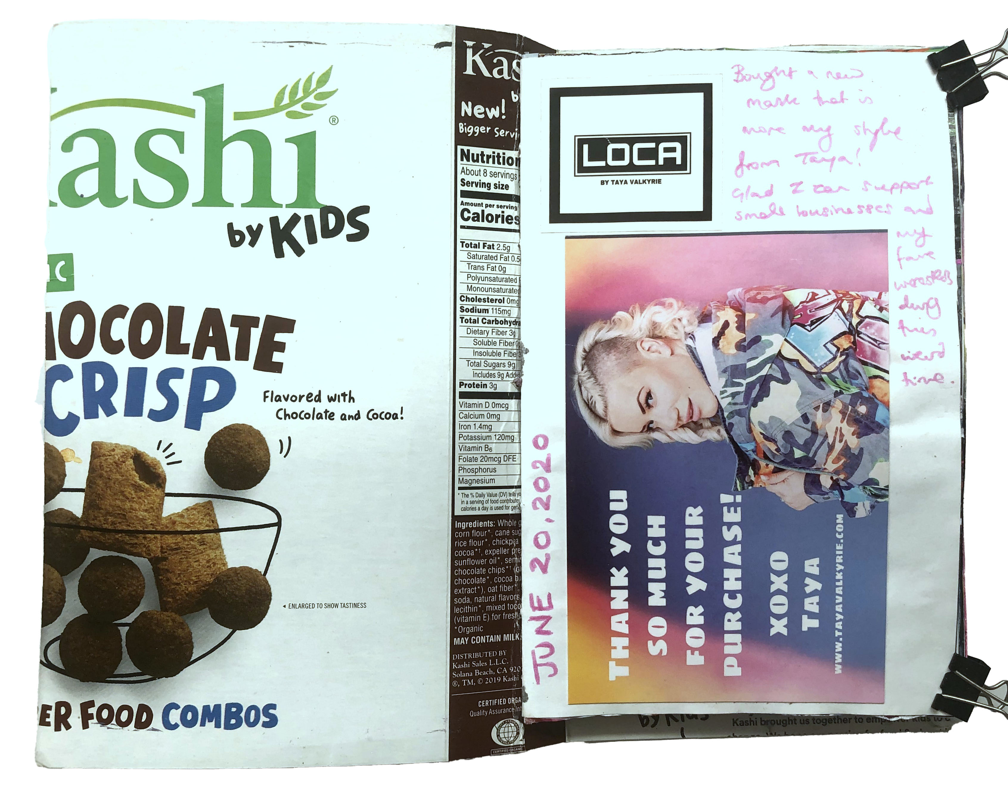 Front page of my COVID journal with a postcard from wrestler Taya Valkyrie after I bought masks from her store.