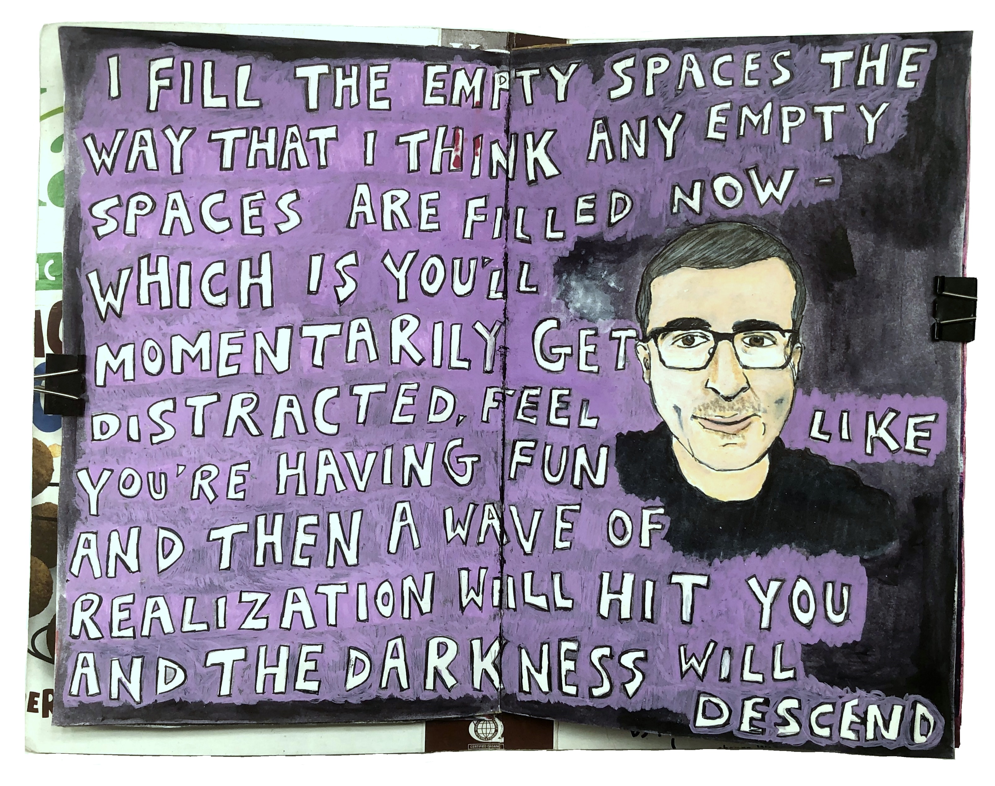 An mixed media art journal page with an illustration of and quote by John Oliver about quarantine and the coronavirus COVID-19.