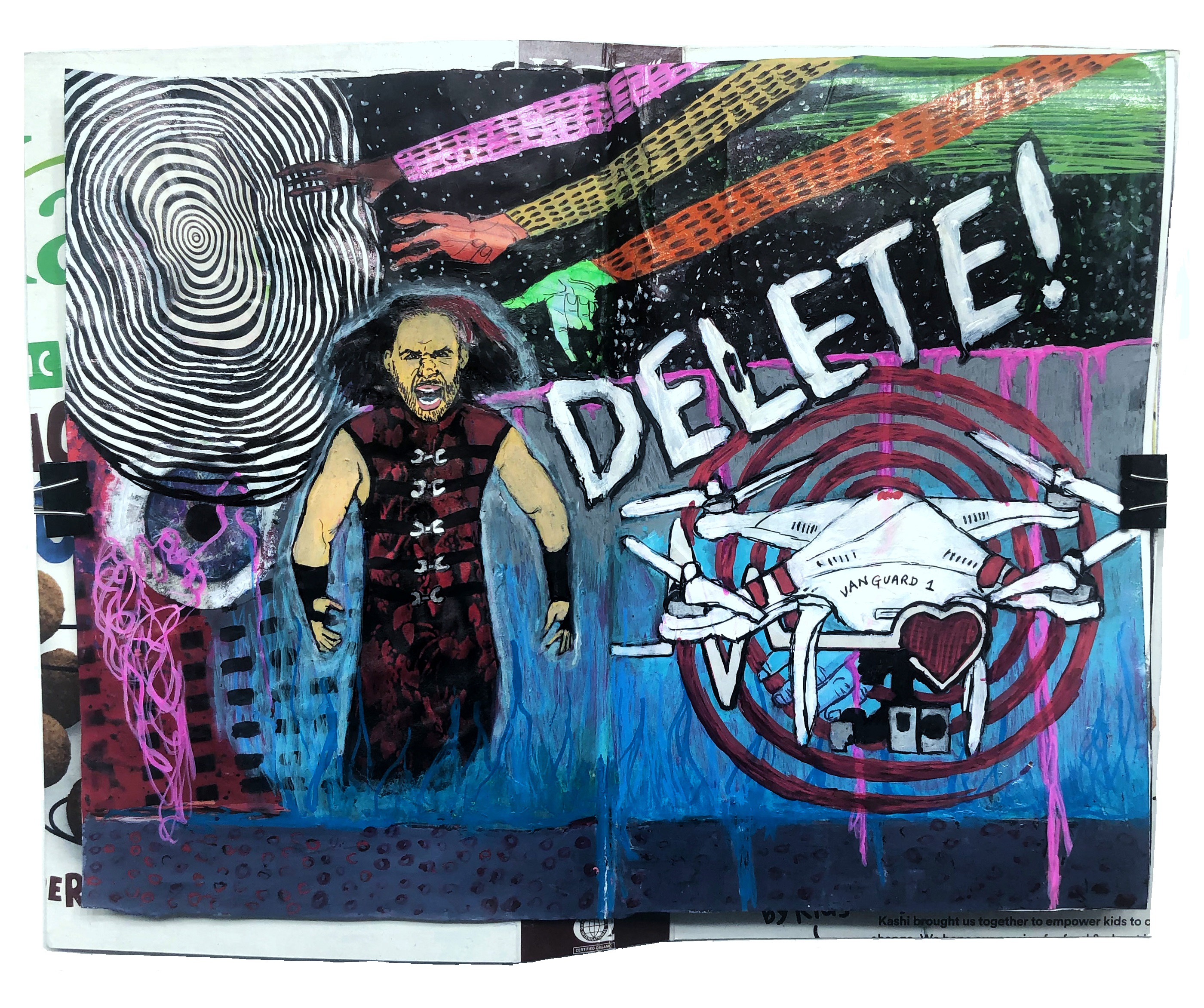 A mixed media art journal page with an illustration of AEW wrestler Broken next to a drone and the word delete. There are surreal collage materials and doodles around him.