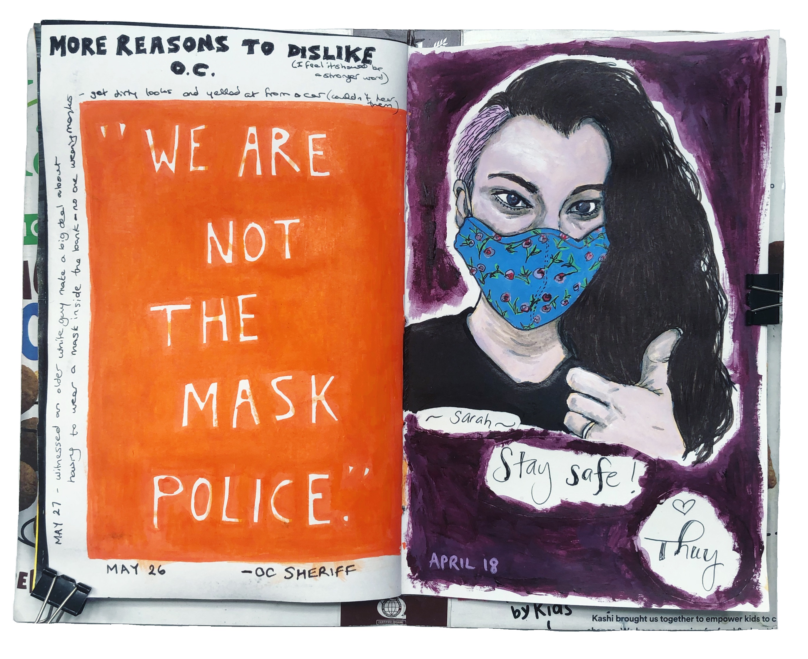 A mixed media art journal page with an illustration of myself wearing a mask and giving a thumbs up on the right, and a quote by the Orange County Sheriff on the left saying we are not the mask police.