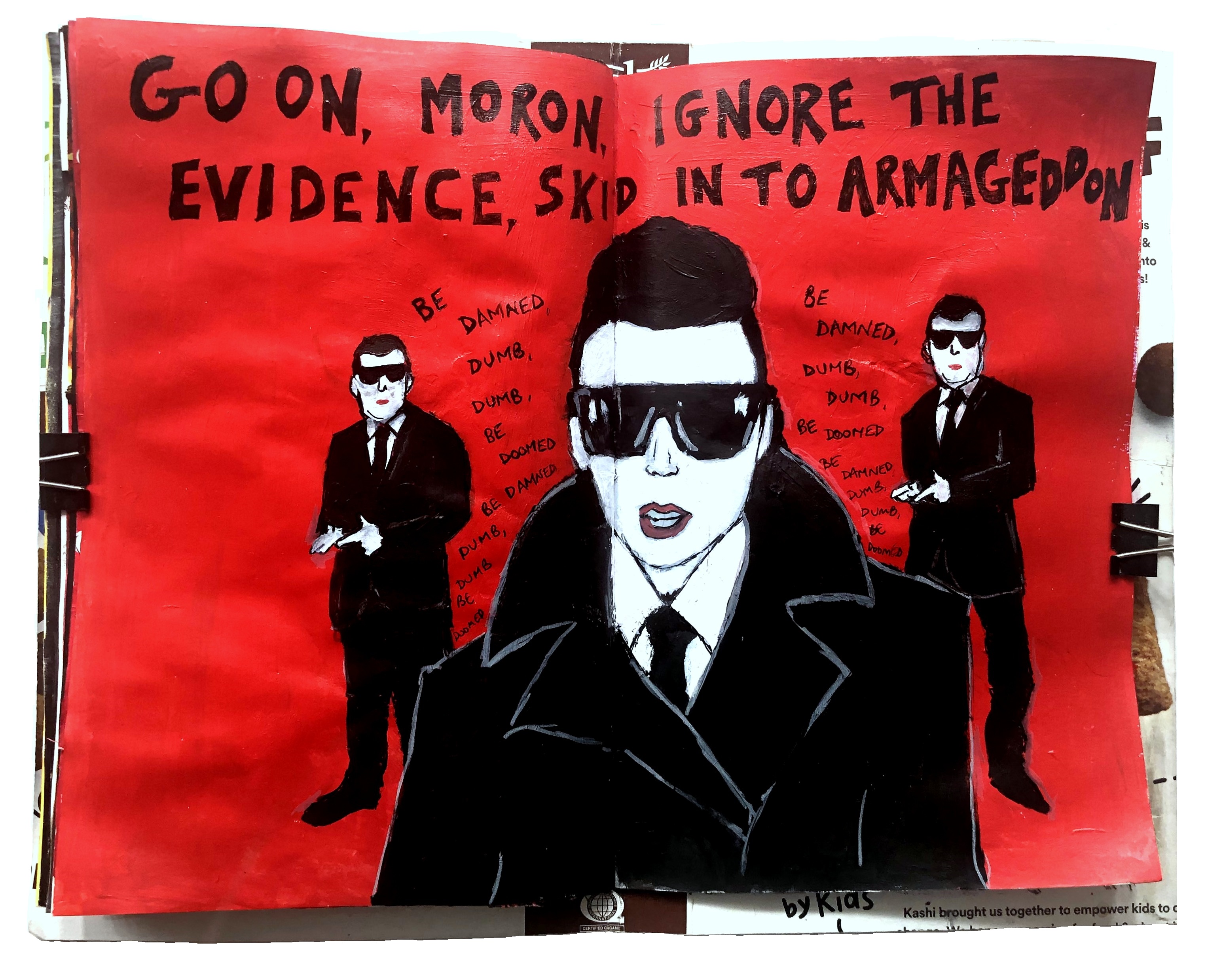 A mixed media art journal page with an illustration of Carina Round and Maynard James Keenan of the band Puscifer from their video for the song Apocalyptical, with the lyrics surrounding them.