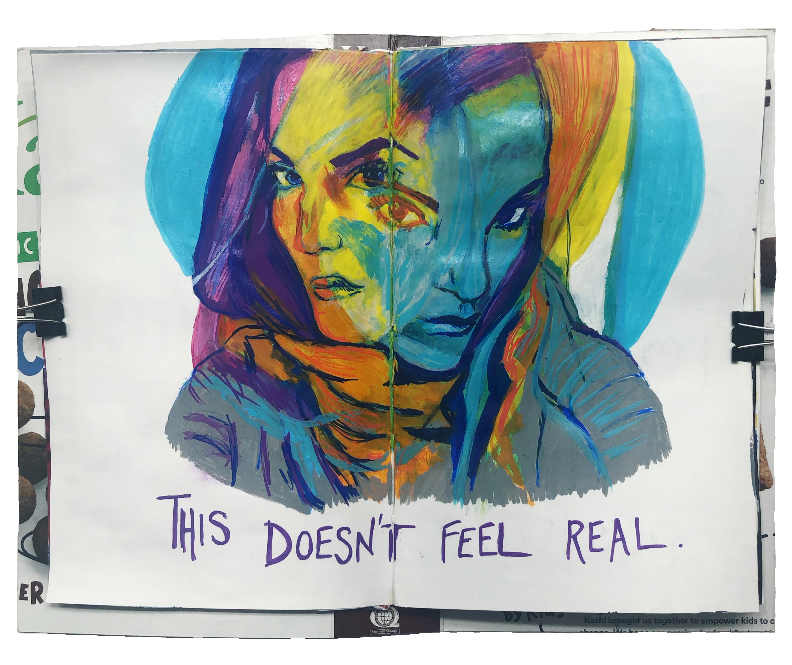 A mixed media art journal page with a double exposure illustration of a disoriented woman with the words this doesn’t feel real underneath. Drawing reference via Sktchy.