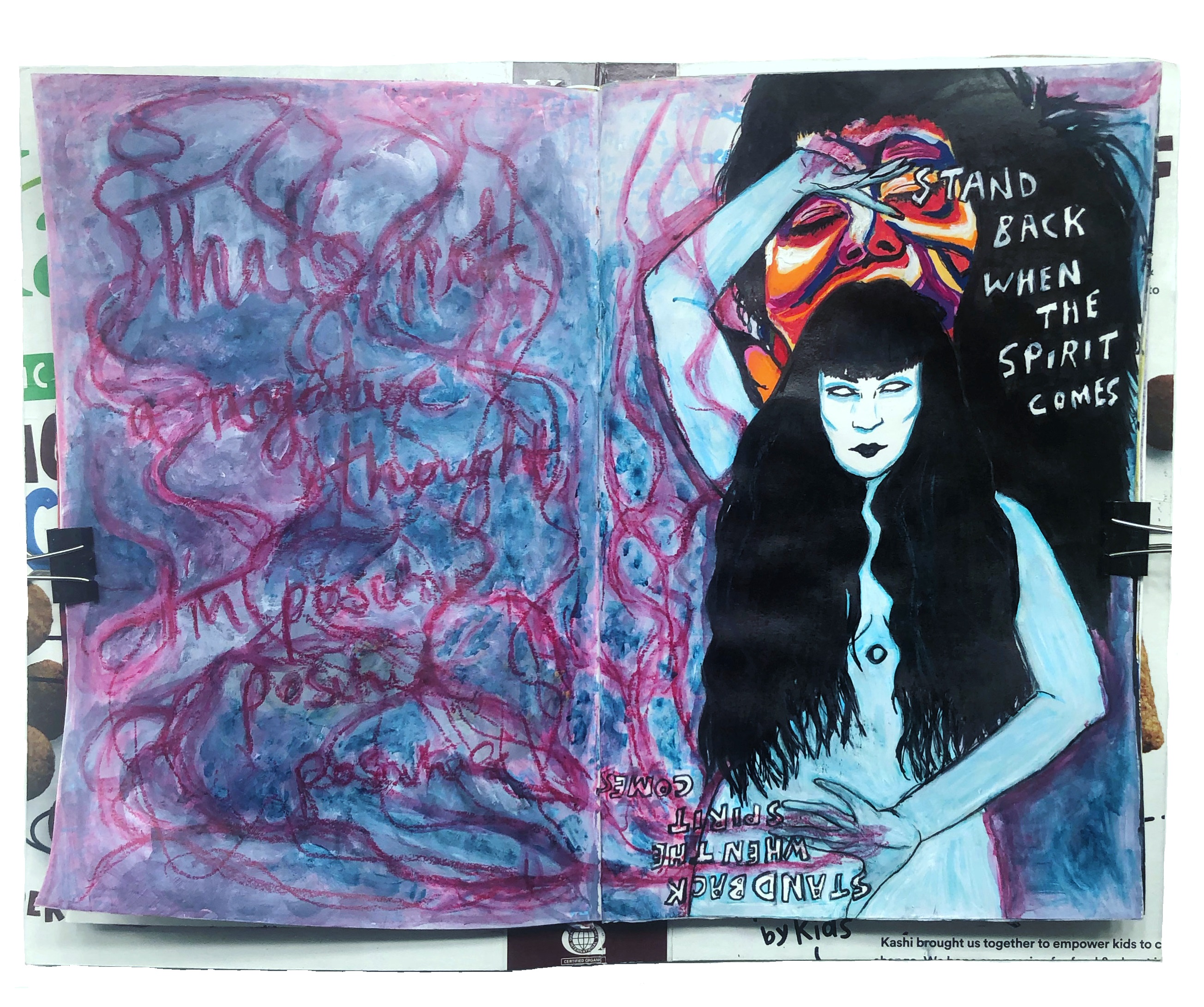 A mixed media art journal page with an illustration of a witchy woman summoning a spirit with lyrics by Pearl Jam coming out of her hands and surrounding her. Drawing references of athenas_the_menace via Sktchy.