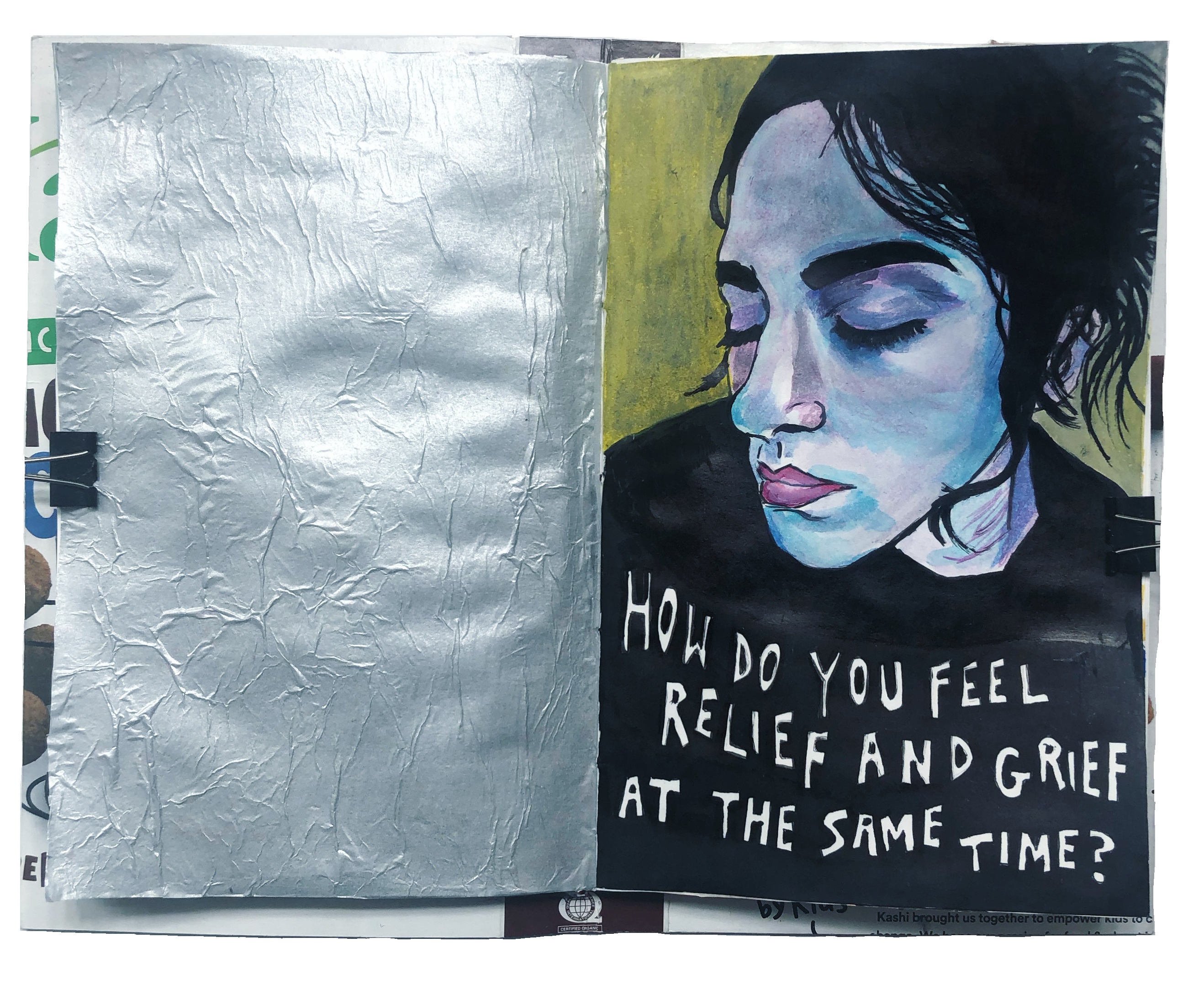 A mixed media art journal page with an illustration of a grieving woman with her eyes closed with the words how do you feel relief and grief at the same time? underneath. Drawing reference via Sktchy.