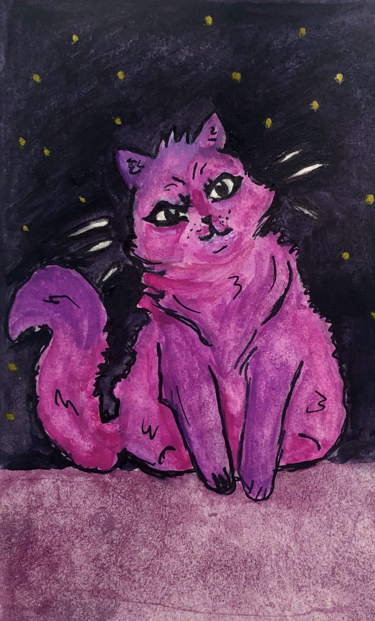 An attempt at a DeviantArt tutorial. A mixed media illustration of a cartoon cat using gouache, acrylic paint, and ink.