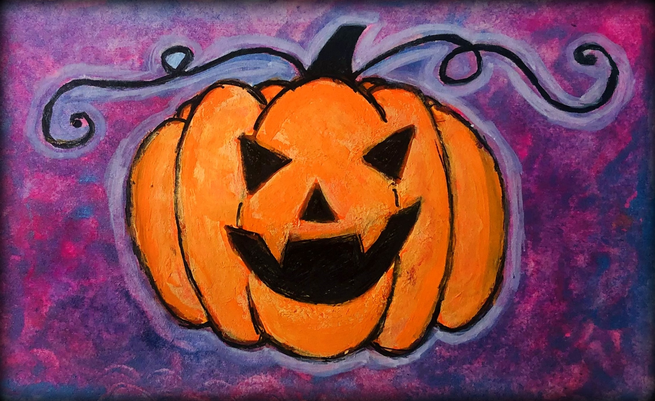 An attempt at a DeviantArt tutorial. A mixed media illustration of a jack-o-lantern using gouache and ink.