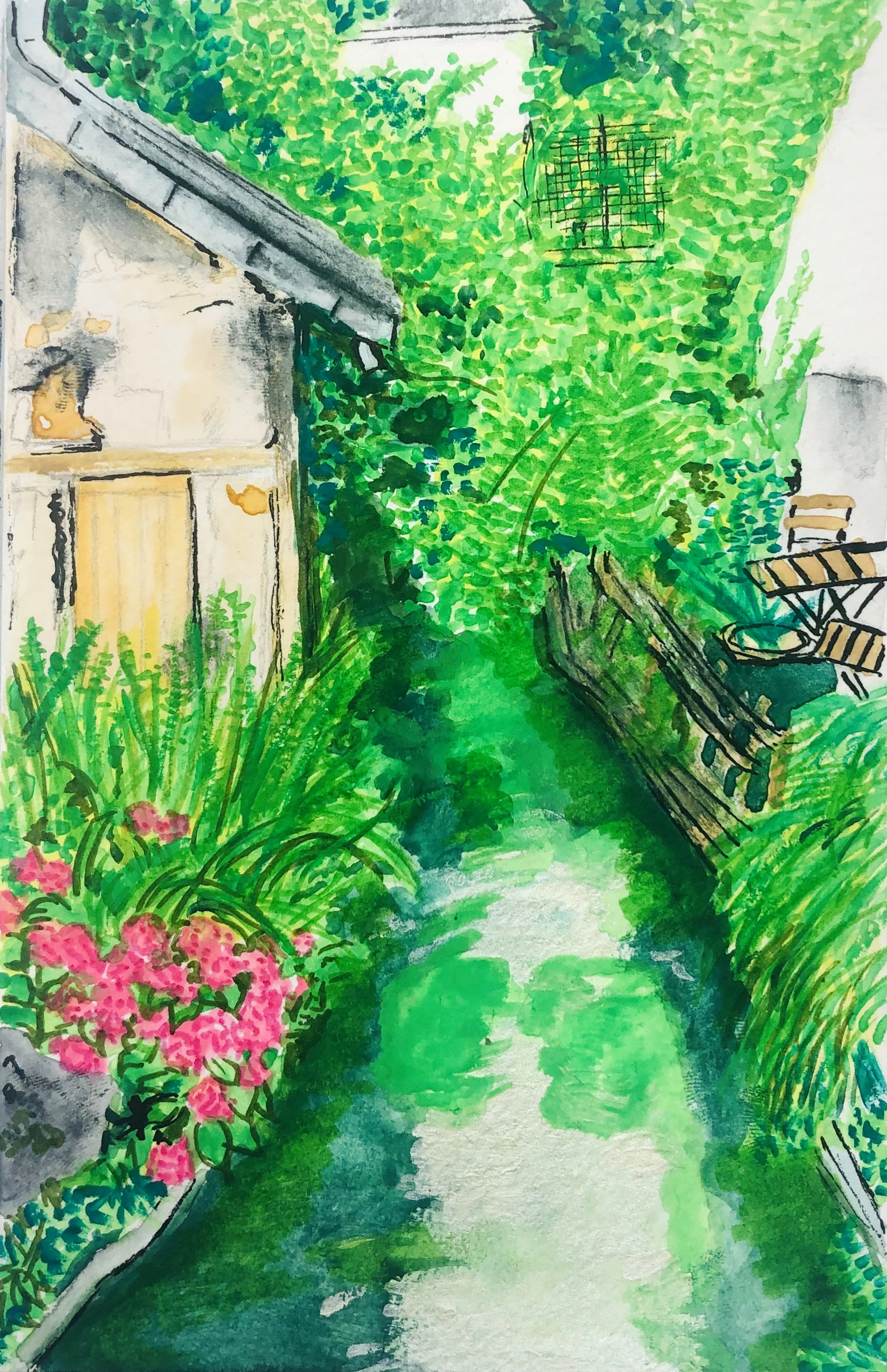 A painting of a picturesque stream near a cottage for a DeviantArt challenge. Gouache and ink on paper.