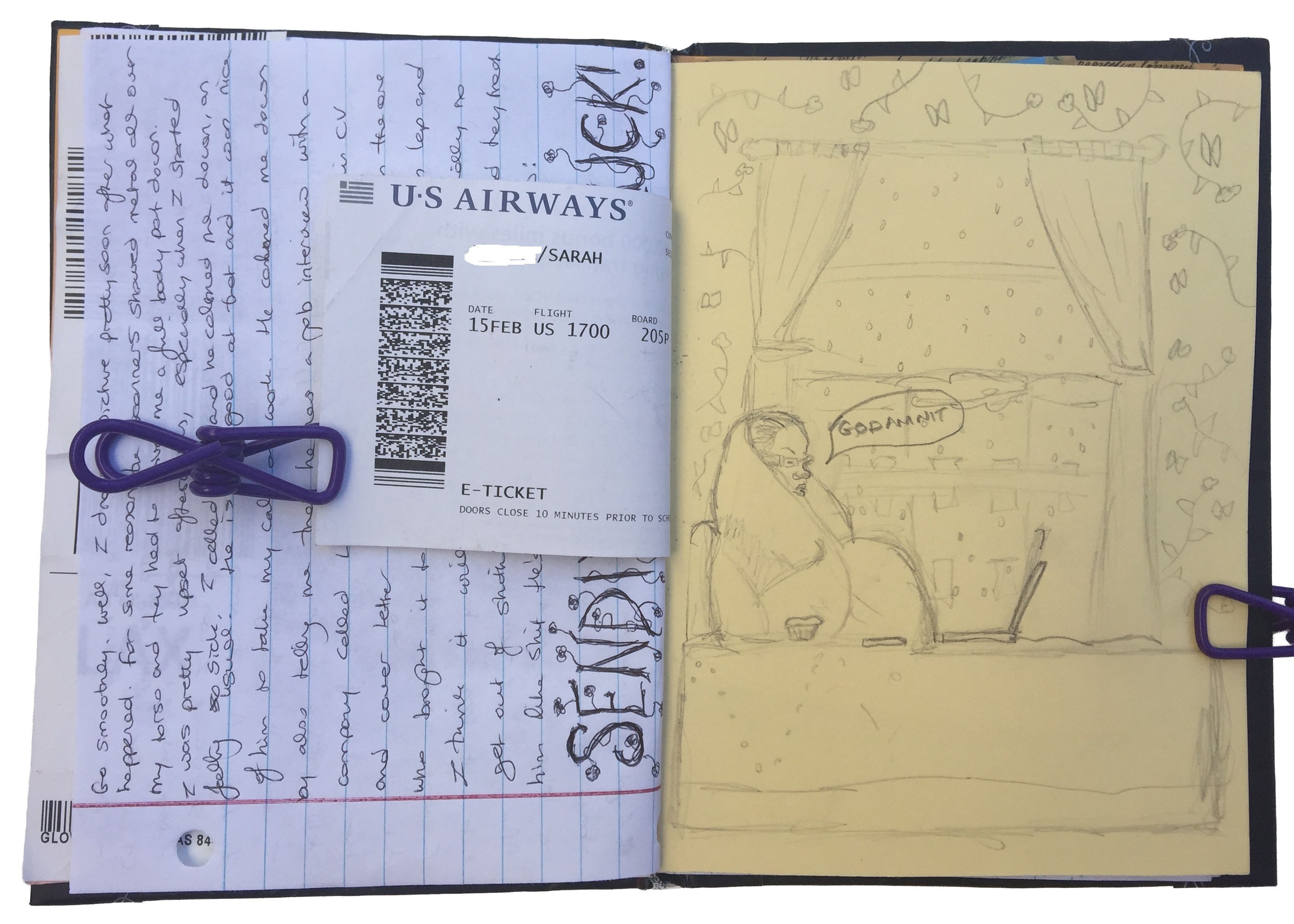 An art journal illustration of myself sick in a hotel room with writings and ephemera from my trip.