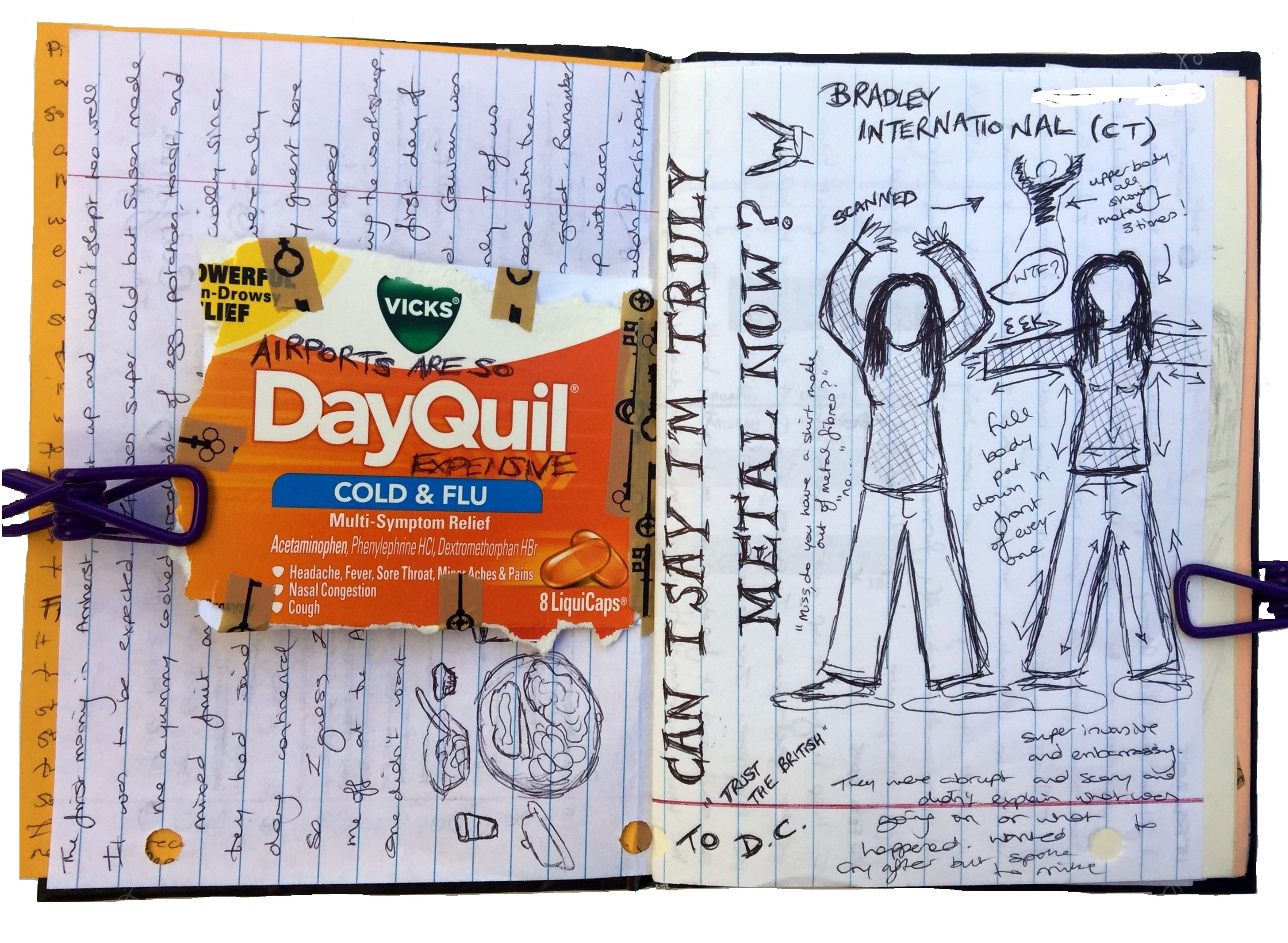 An art journal illustration of myself getting frisked at the airport and ephemera from when I was getting sick.