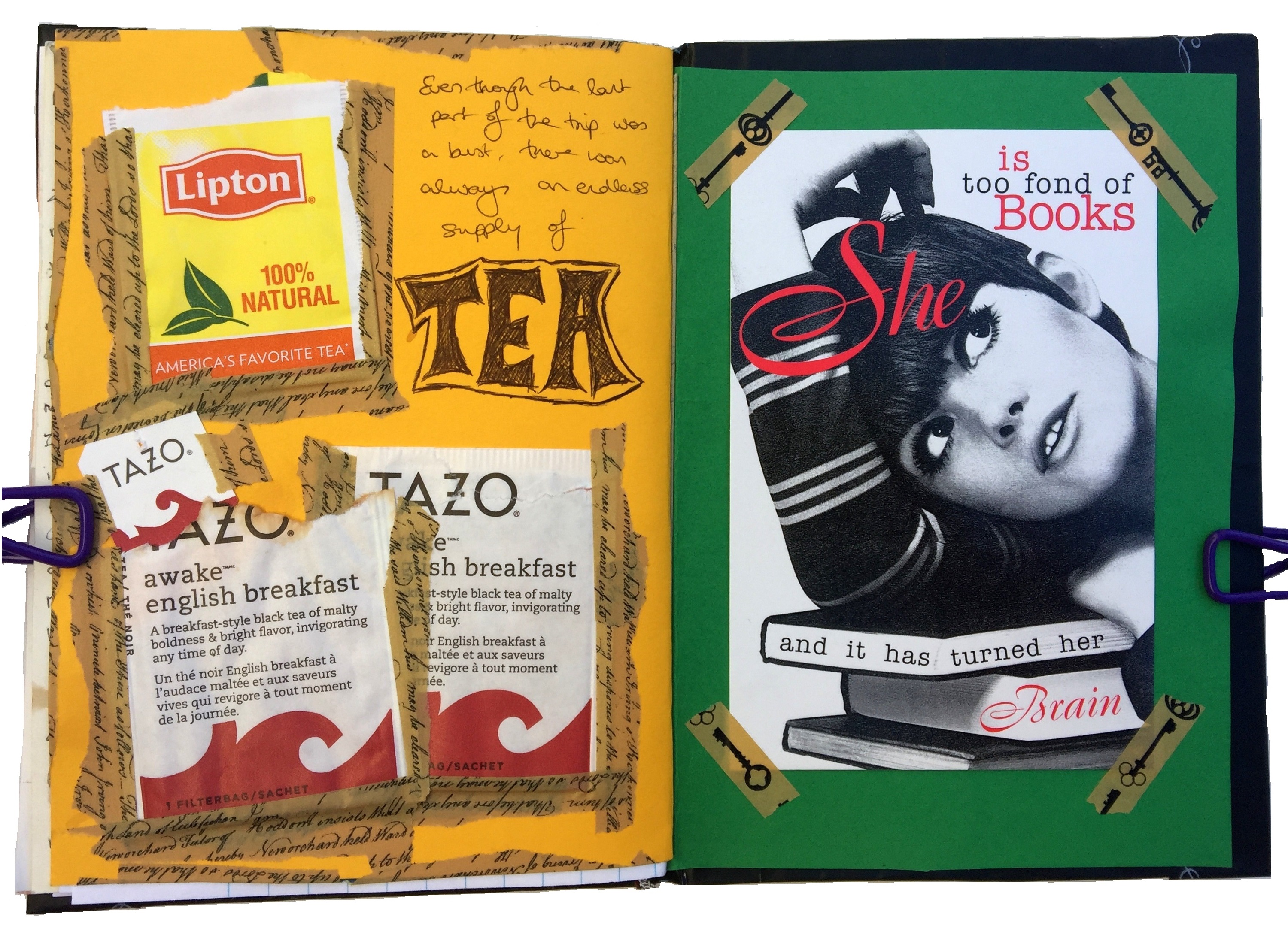An art journal collage of tea I drank on the trip and a postcard I picked up about reading on the trip.