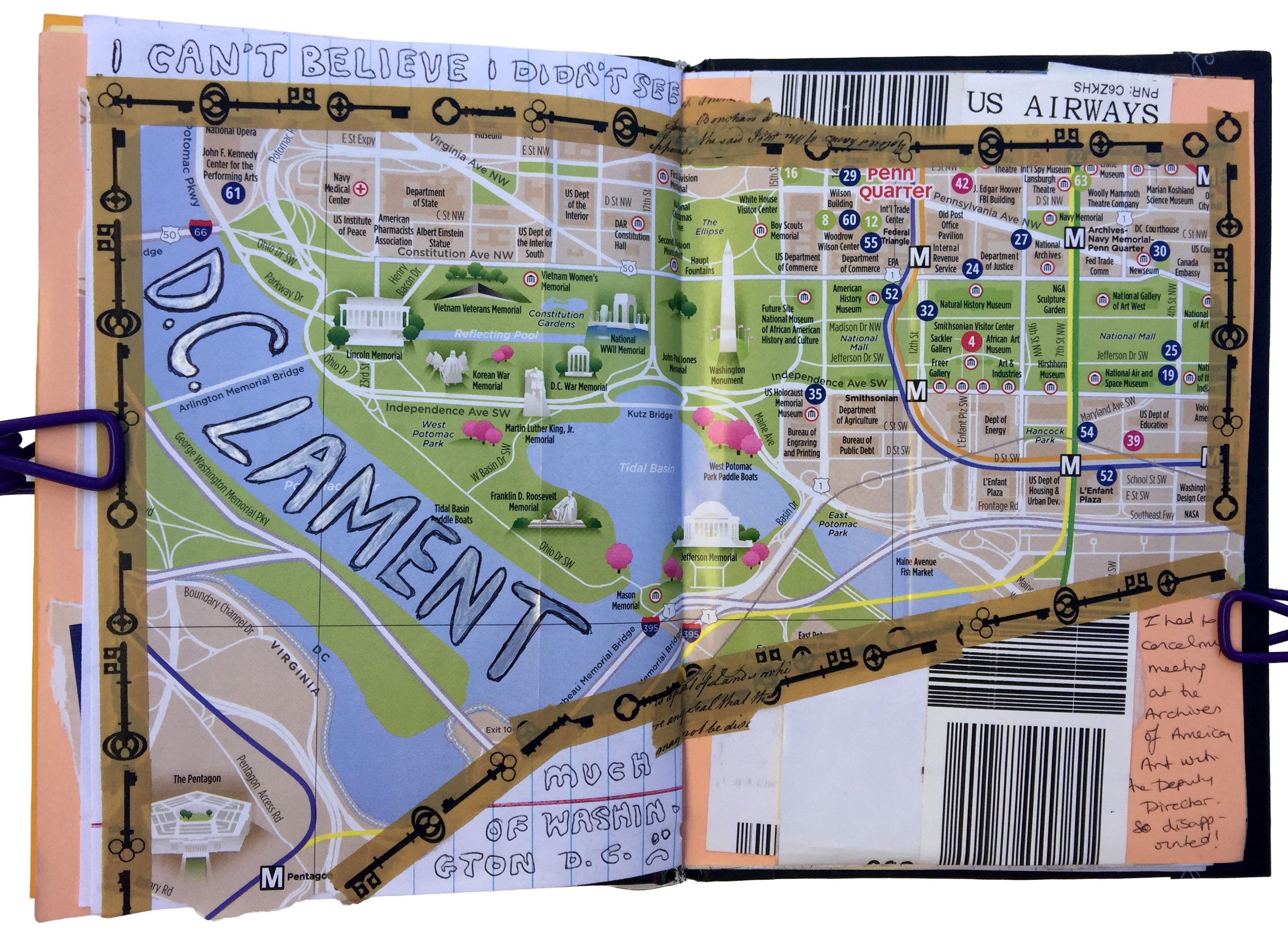 An art journal collage of a map of Washinton D.C., travel ephemera, and writing about being sad about not getting to see much of the Capital.