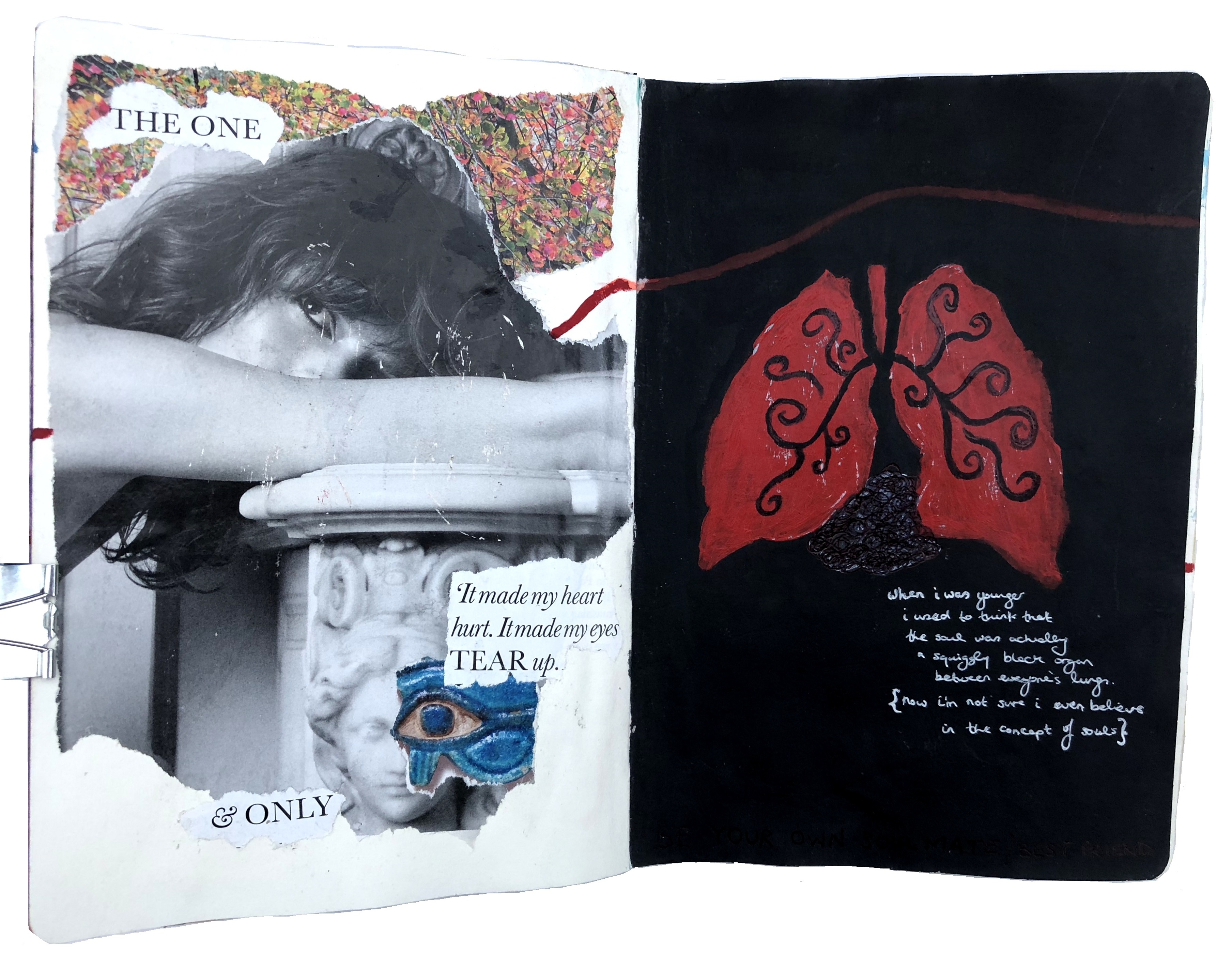 A mixed media art journal collage of a woman sulking and a painting of lungs with reflective writing on the concept of soulmates.